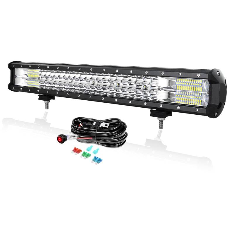 PICAA 23 Zoll 324W LED Lightbar mit Kabelbaum Kit, Tri-Reihen LED Arbeitsscheinwerfer Lichtbalken 12V 24V Auto Offroad 4x4 Zusatzscheinwerfer Flutlicht Spotlight von PICAA