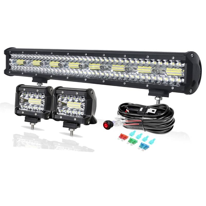 PICAA 23 Zoll 480W LED Lightbar+2x 4 36W LED Arbeitsscheinwerfer+Kabelbaum Kit, Tri-Reihen Led Lichtbalken 12V 24V Auto Offroad 4x4 Zusatzscheinwerfer Flutlicht Spotlight von PICAA