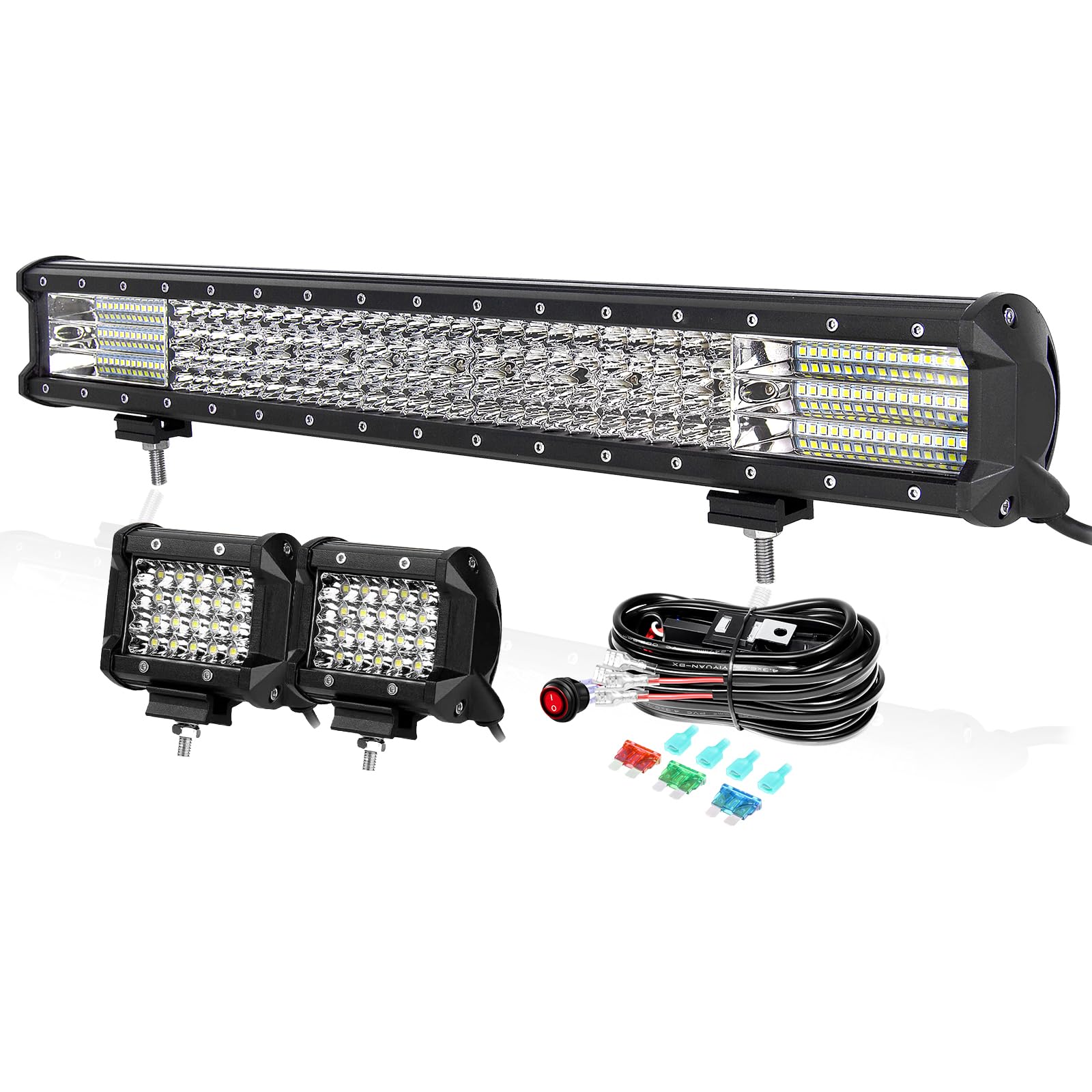 PICAA 23 Zoll 570W LED Lightbar+2x 4 Arbeitsscheinwerfer+Kabelbaum Kit, Vier Reihen Led Lichtbalken Auto Offroad 4x4 LKW 12V 24V Zusatzscheinwerfer 6000K Weiß von PICAA