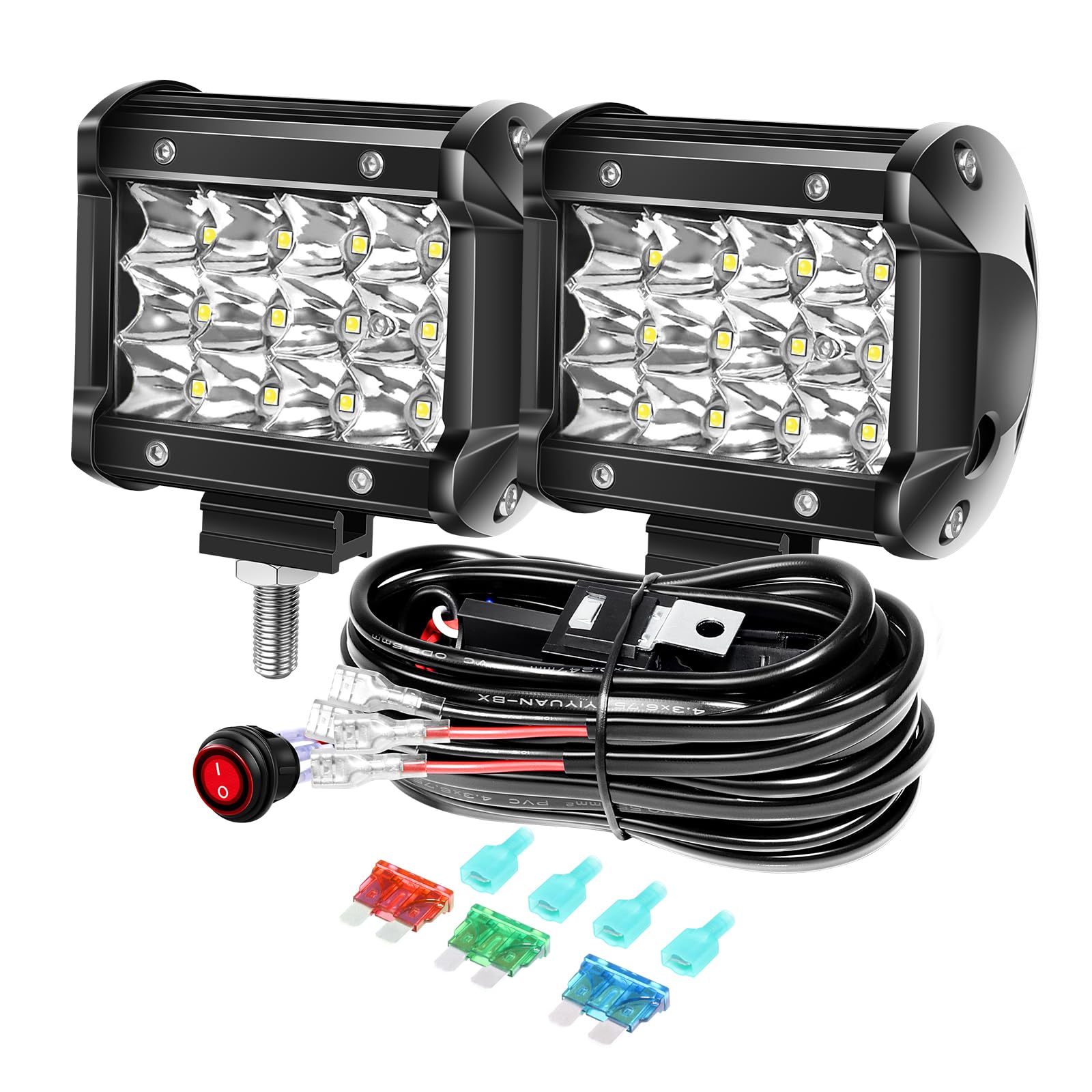 PICAA 2x 4 Zoll 36W LED Arbeitsscheinwerfer mit Kabelbaum Kit, 12V 24V Led Lichtleiste Zusatzscheinwerfer Flutlicht für Auto Offroad 4x4 LKW ATV SUV Motorrad von PICAA