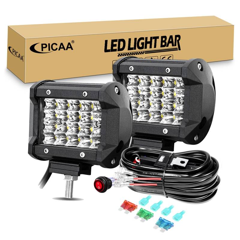 PICAA 2tlg 4 Zoll 60W LED Arbeitsscheinwerfer mit 12V Kabelbaum Kit, 6000K Weiß Spotlicht Led Lightbar Lichtbalken Auto Offroad 4x4 LKW Traktor Motorrad Zusatzscheinwerfer von PICAA