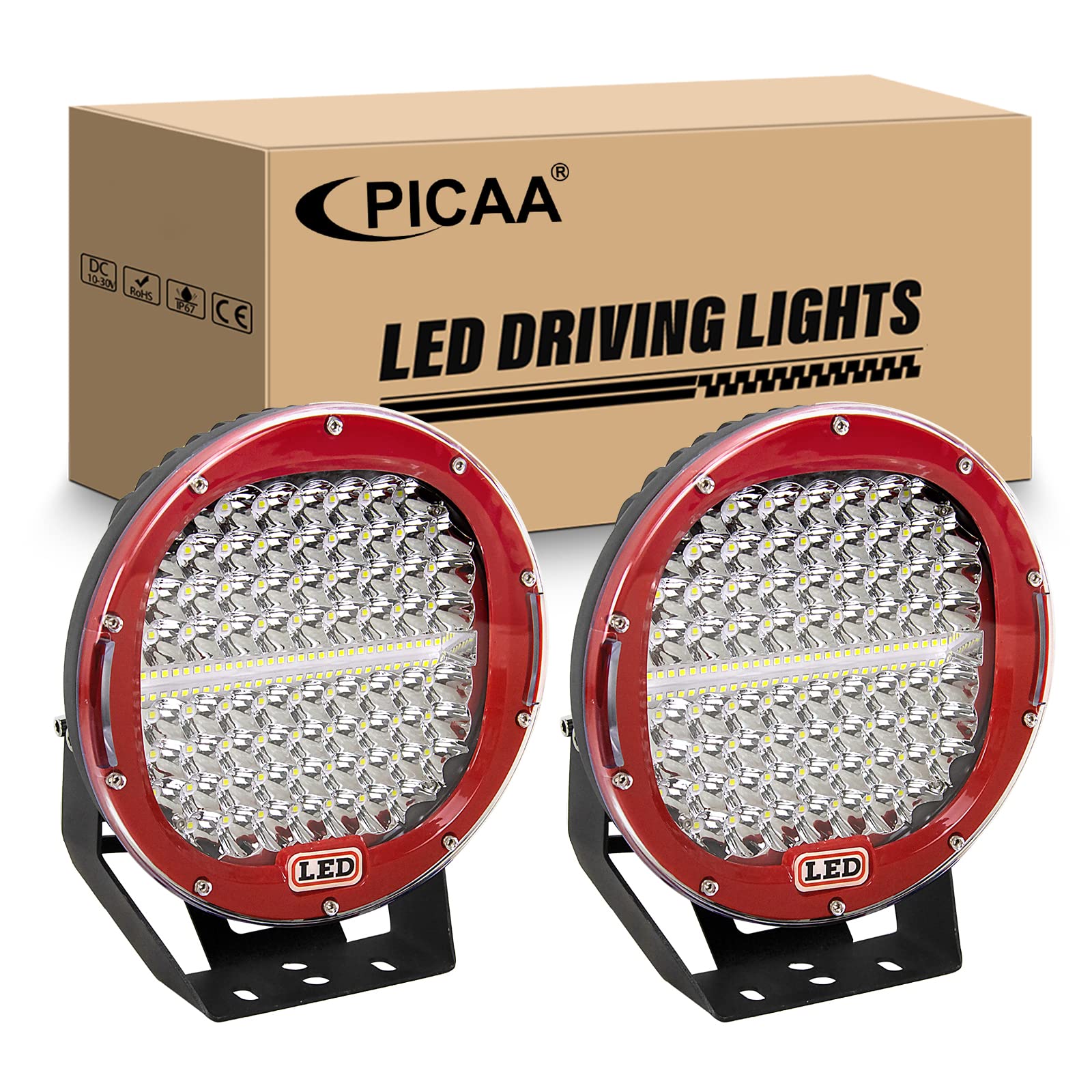 PICAA 2tlg Rot 9 Zoll 294W Rund LED Arbeitsscheinwerfer, 12V 24V Led Lightbar Lichtbalken für Auto Offroad 4X4 Traktor LKW Fahrzeuge, 6000K Weiß Wasserdicht von PICAA