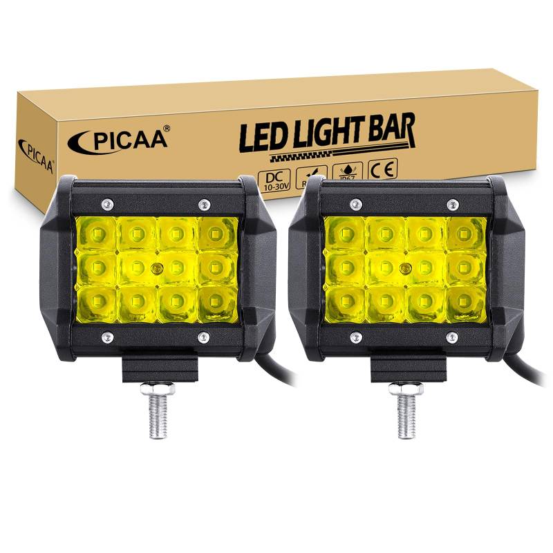PICAA 2x 4 Zoll 36W Gelb LED Arbeitsscheinwerfer, 3000K Spotlicht LED Lightbar Zusatzscheinwerfer für Auto Offroad 4x4 LKW Traktor ATV Motorrad 12V 24V von PICAA