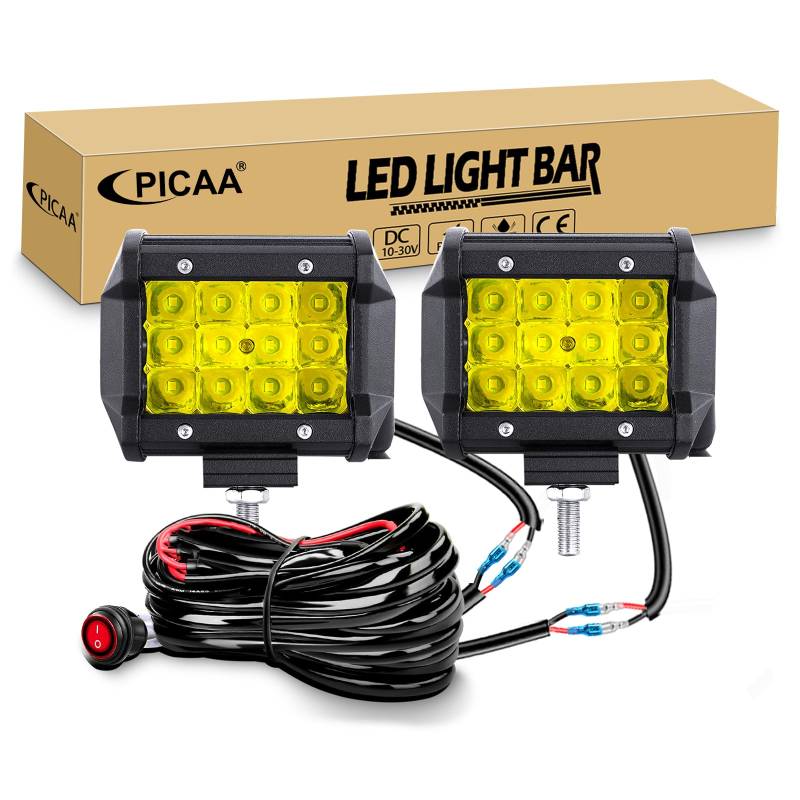 PICAA 2x 4 Zoll 36W Gelb LED Arbeitsscheinwerfer mit Kabelbaum Kit, 3000K Spotlicht LED Lightbar Zusatzscheinwerfer für Auto Offroad 4x4 LKW Traktor ATV Motorrad 12V 24V von PICAA