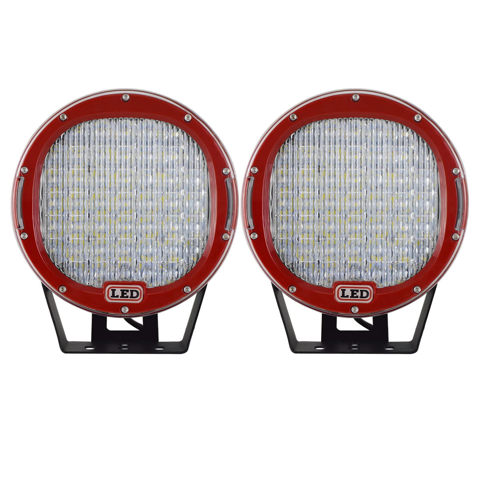 PICAA 2x 9 Zoll Rot Rund LED Arbeitsscheinwerfer, 225W Flood Strahl 12V 24V Lichtbalken Fahrlicht Lightbar für Auto Offroad 4X4 Traktor LKW Fahrzeuge, 6000K Weiß Led Nebelscheinwerfer von PICAA