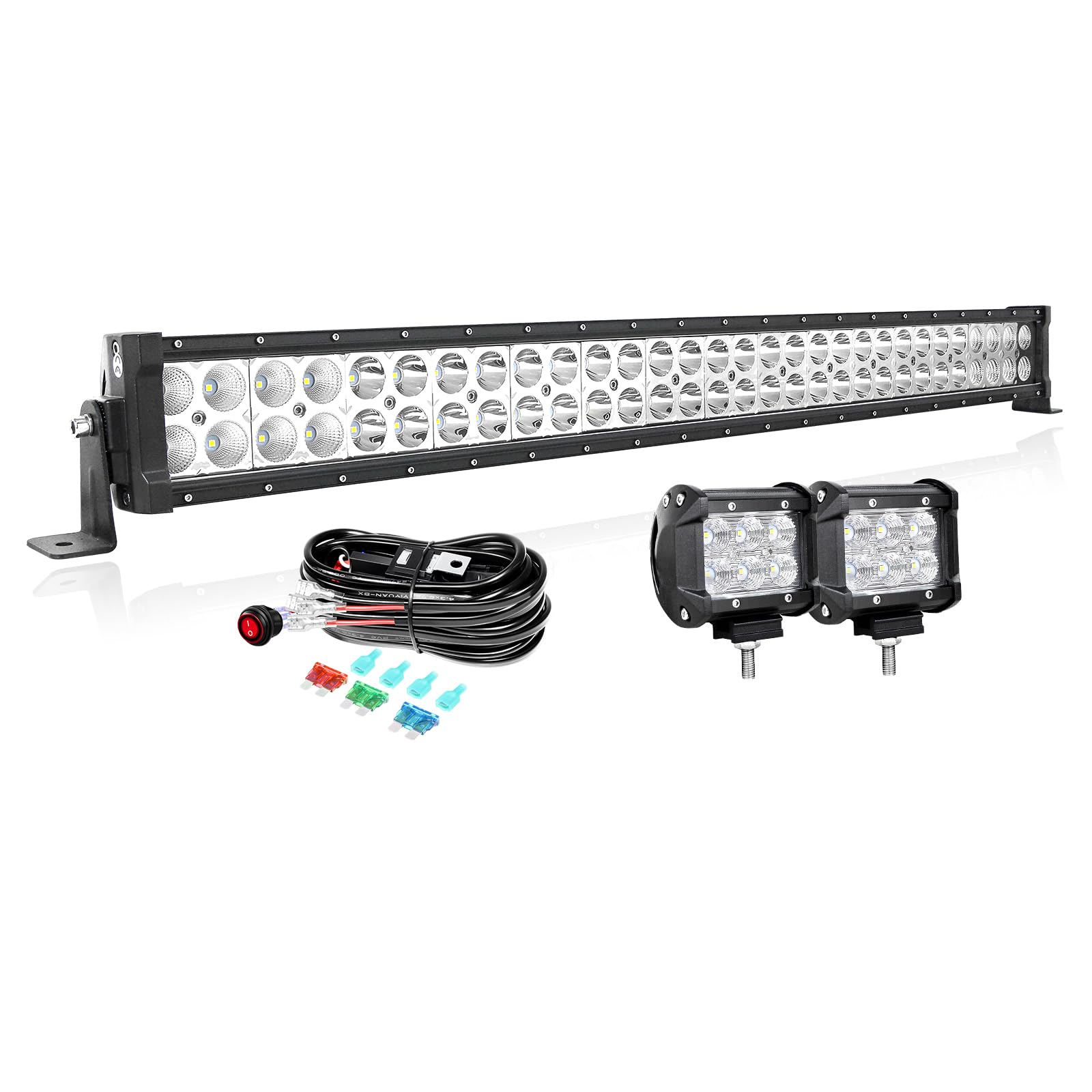 PICAA 32 Zoll 180W LED Lightbar+2X 4 18W Arbeitsscheinwerfer+Kabelbaum Kit, Doppelt Reihen Led Lichtbalken 12V 24V Auto Offroad 4x4 Zusatzscheinwerfer Flutlicht Spotlight von PICAA