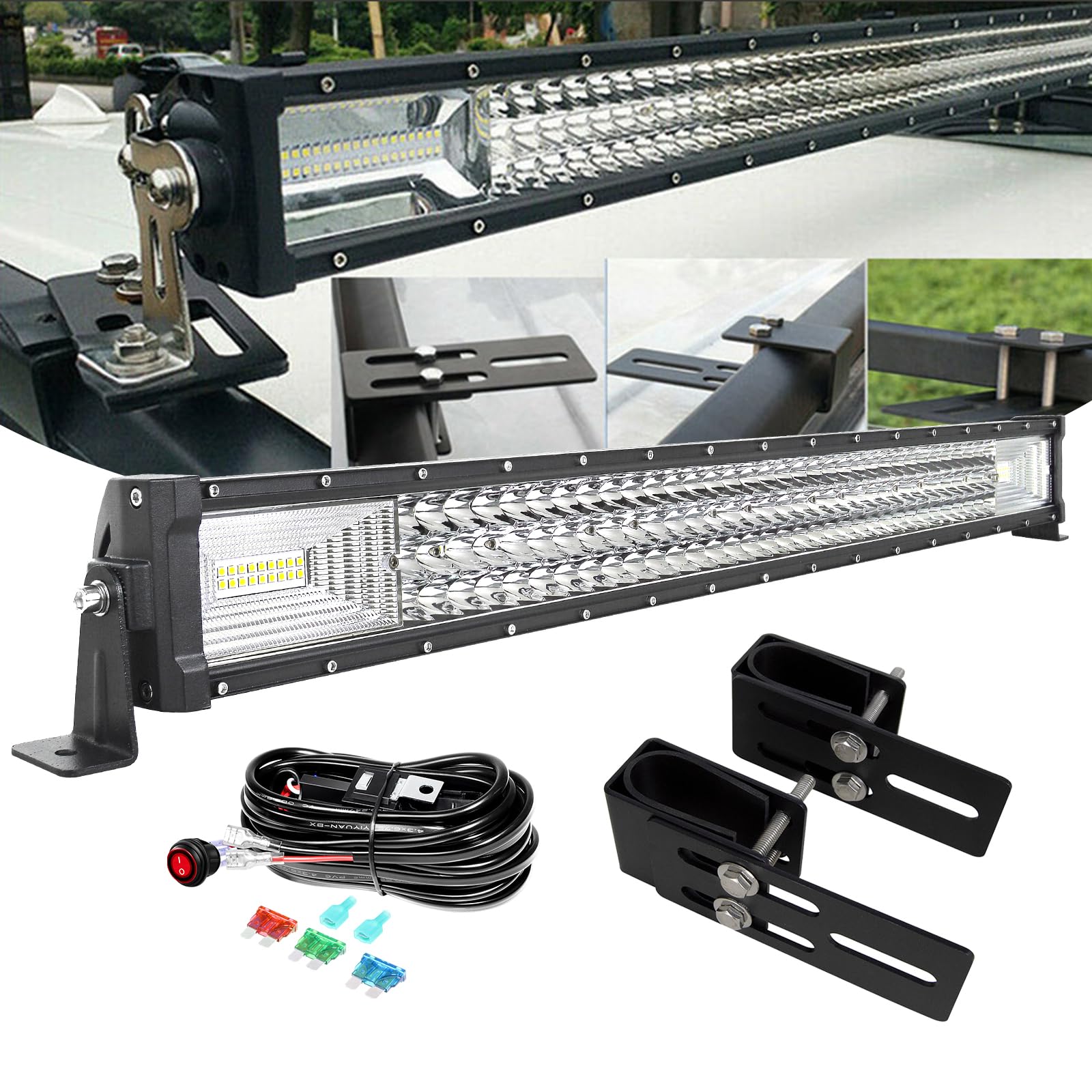 PICAA 32 Zoll 405W LED Lightbar mit Gepäck Halterung Kabelbaum Kit, Tri-Reihen LED Arbeitsscheinwerfer Lichtbalken 12V 24V Lichtleiste Auto Offroad 4x4 Zusatzscheinwerfer von PICAA