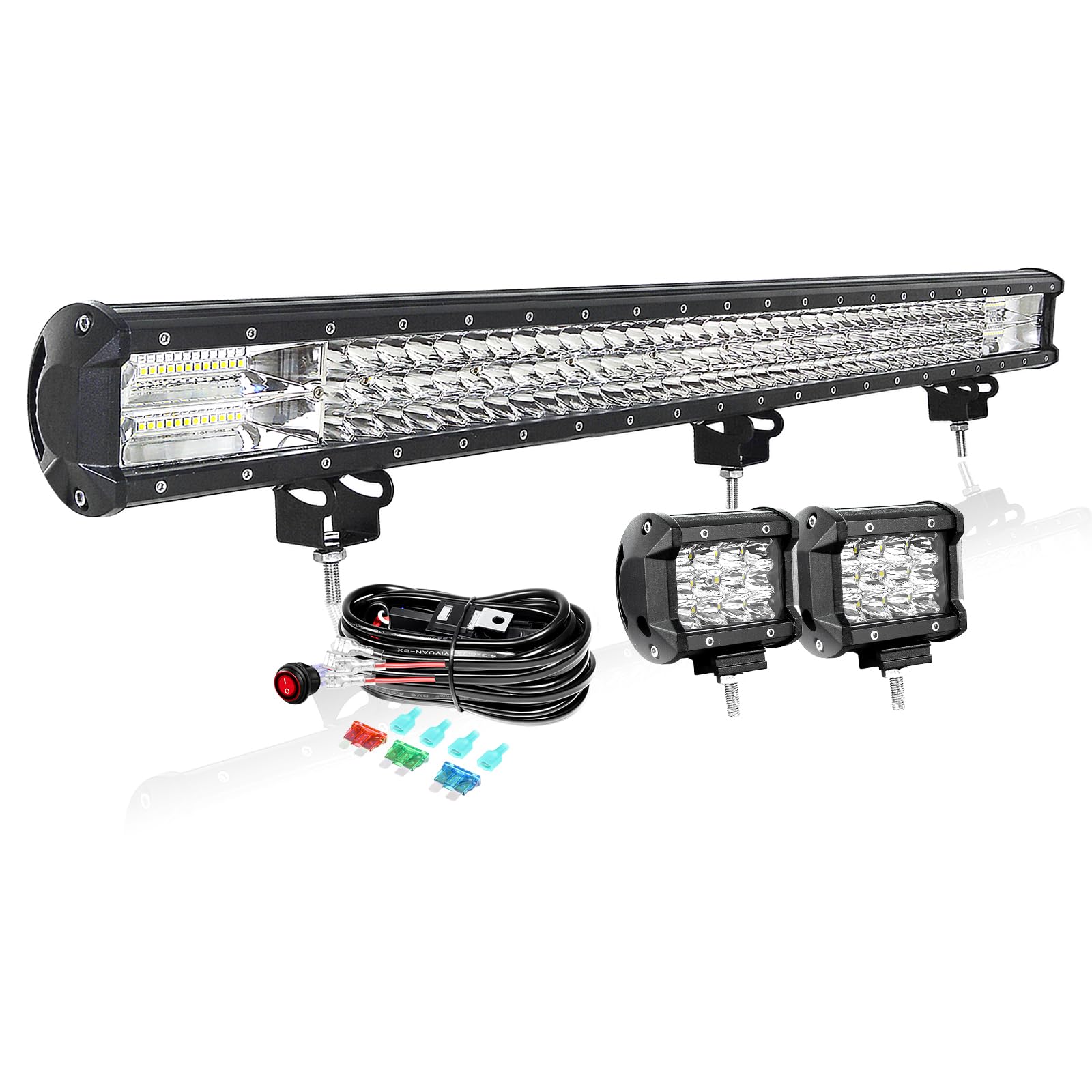 PICAA 34 Zoll 468W LED Lightbar+2X 4 36W LED Arbeitsscheinwerfer+Kabelbaum Kit, Tri-Reihen Led Lichtbalken 12V 24V Auto Offroad 4x4 Zusatzscheinwerfer Flutlicht Spotlight von PICAA