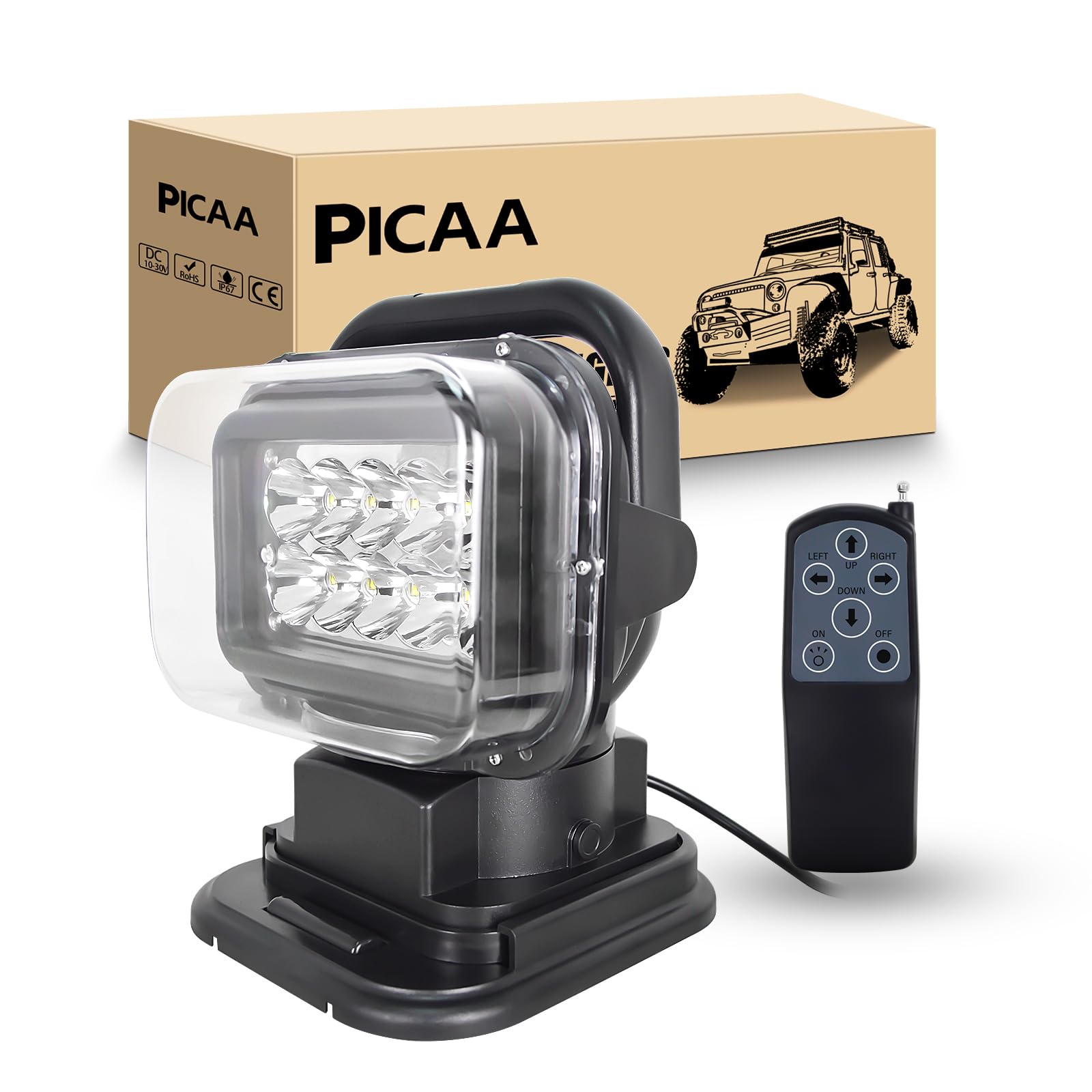 PICAA 3D Led Arbeitsscheinwerfer,LED Suchscheinwerfer Arbeitsleuchte Funkfernsteuerbar mit Magnetfuß Suchlicht - Wetterfest 360 Grad Drehbar für Auto Offroad Jagd Boot Garden 50 W DC 12V Schwarz von PICAA