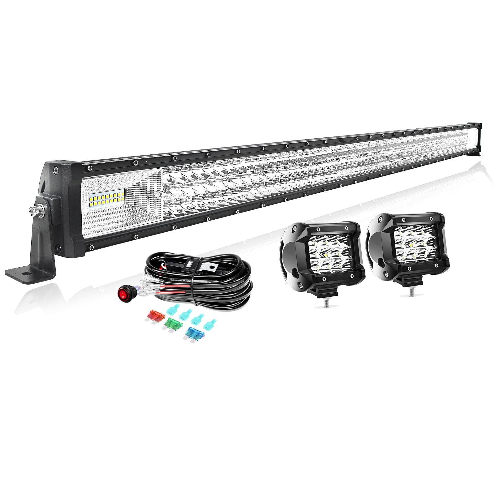 PICAA 52 Zoll 675W LED Lightbar+2x 4 36W Arbeitsscheinwerfer+Kabelbaum Kit, Tri-Reihen Led Lichtbalken 12V 24V Auto Offroad 4x4 Zusatzscheinwerfer Flutlicht Spotlight von PICAA