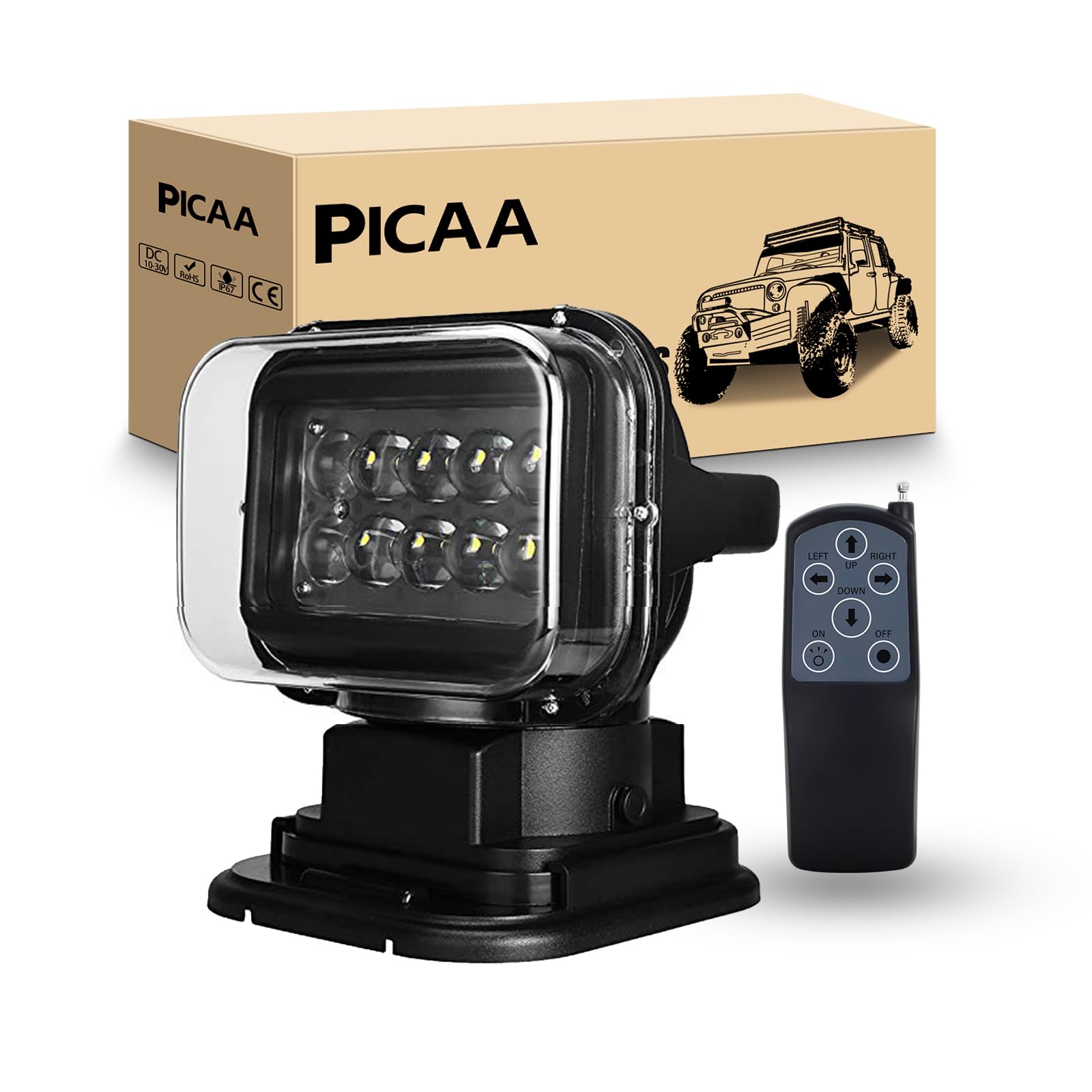 PICAA 5D Led Arbeitsscheinwerfer,LED Suchscheinwerfer Arbeitsleuchte Funkfernsteuerbar mit Magnetfuß Suchlicht - Wetterfest 360 Grad Drehbar für Auto Offroad Jagd Boot Garden 50 W DC 12V Schwarz von PICAA