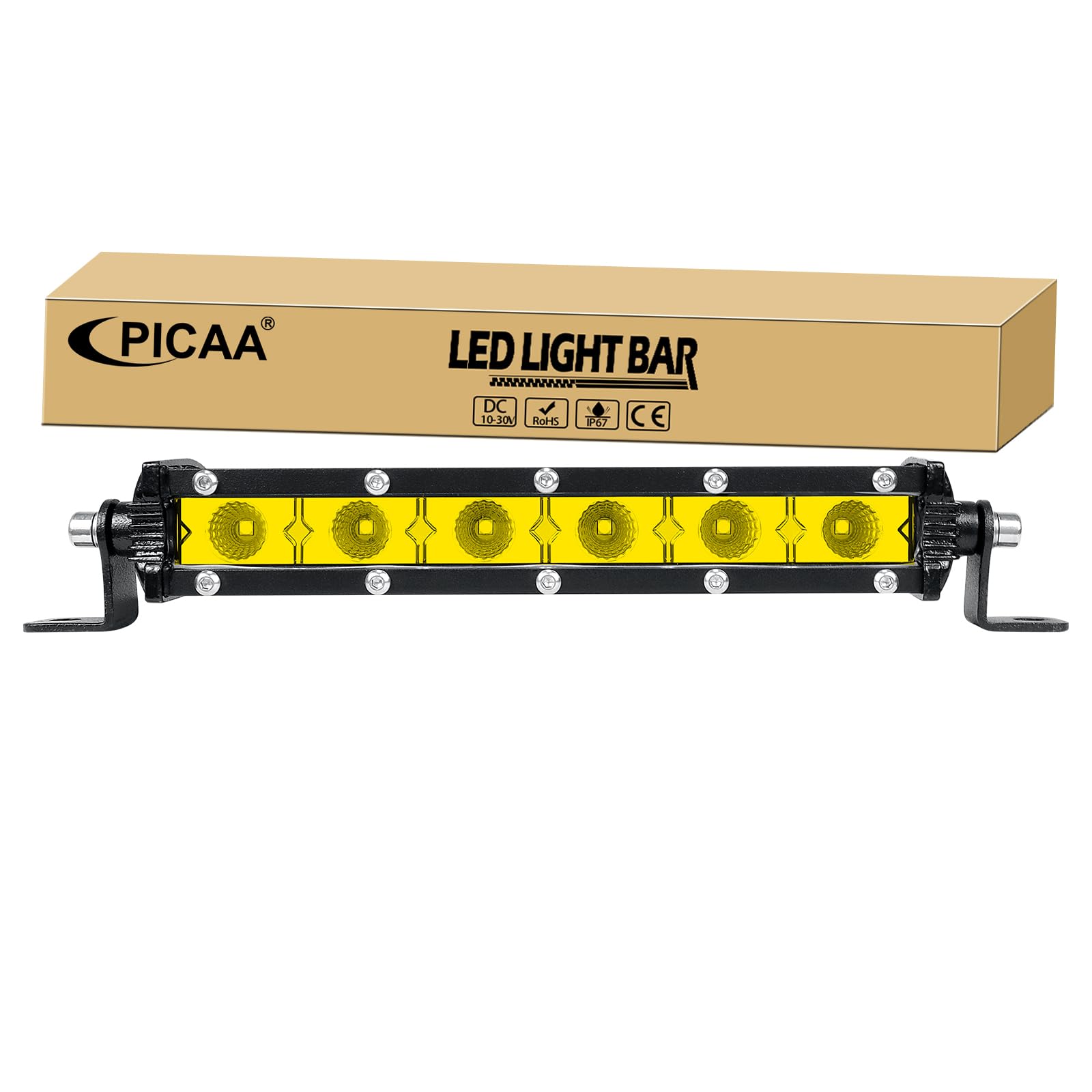 PICAA 7 Zoll 30W Gelb LED Lightbar, Ultra Schlank 3000K Flutlicht LED Arbeitsscheinwerfer Lichtbalken 12V 24V Lichtleiste Auto Offroad 4x4 Zusatzscheinwerfer von PICAA
