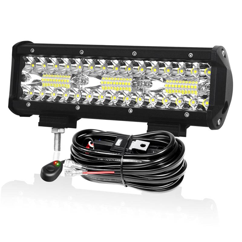 PICAA 9 Zoll 180W LED Arbeitsscheinwerfer mit Kabelbaum Kit, Tri-Reihen LED Lightbar Lichtbalken 12V 24V Lichtleiste Zusatzscheinwerfer für Auto Offroad 4x4 LKW ATV SUV Motorrad von PICAA