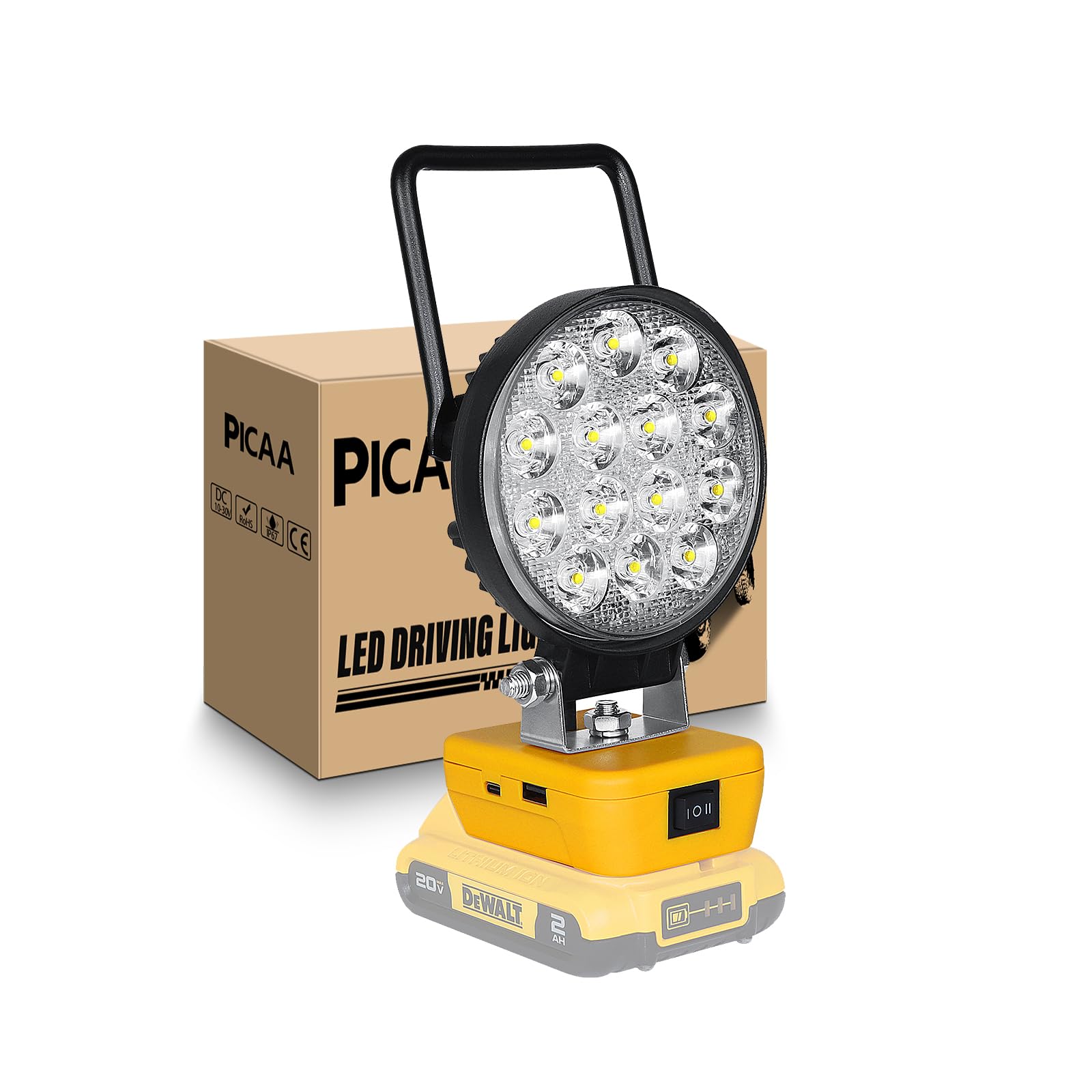 PICAA Akku Lampe Für Dewalt 18V/20V, 42W Kabellose Led Arbeitsleuchte, Baustrahler Led, Tragbares Flutlichter Baustellen Lampe, Scheinwerfer für Camping, Werkstatt, Garage (kein Akku) von PICAA