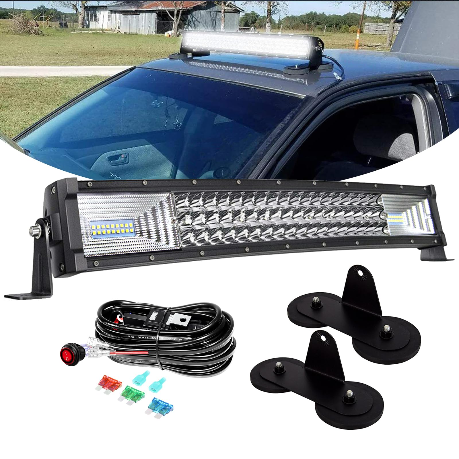 PICAA Gebogen 22 Zoll 270W LED Arbeitsscheinwerfer Bar+Magnetische Halterung+Kabelbaum Kit, Tri-Reihen LED Lightbar Lichtbalken 12V 24V Auto Offroad 4x4 Zusatzscheinwerfer von PICAA