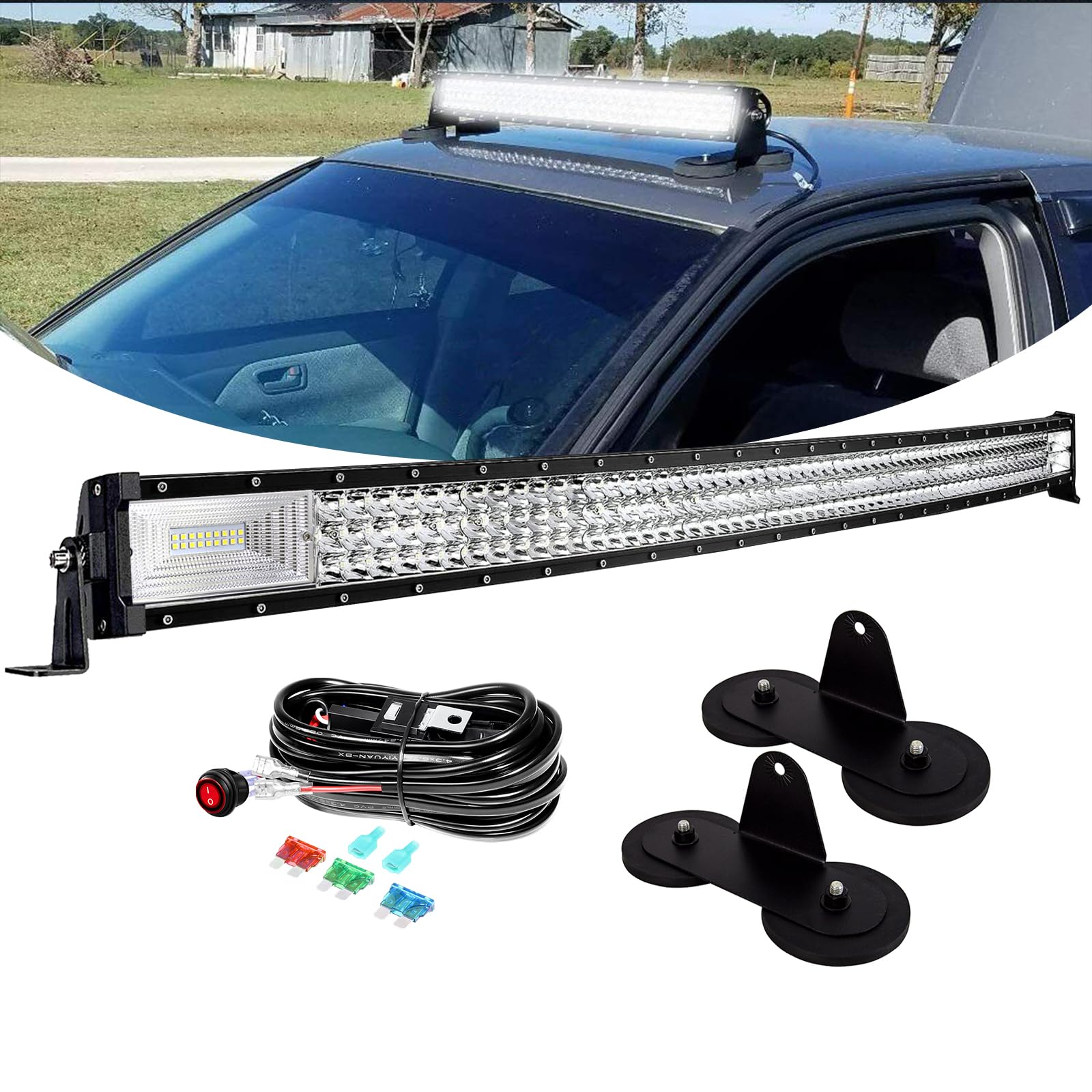 PICAA Gebogen 42 Zoll 540W LED Arbeitsscheinwerfer Bar+Magnetische Halterung+Kabelbaum Kit, Tri-Reihen LED Lightbar Lichtbalken 12V 24V Auto Offroad 4x4 Zusatzscheinwerfer von PICAA