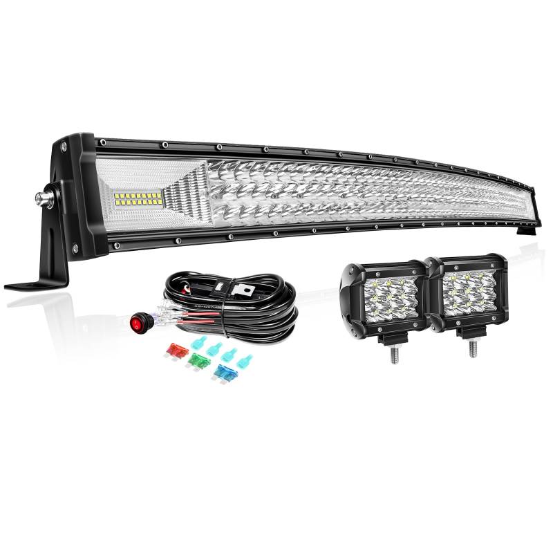 PICAA Gebogen 42 Zoll 540W LED Lightbar+2x 4 36W Arbeitsscheinwerfer+Kabelbaum Kit, Tri-Reihen Led Lichtbalken 12V 24V Auto Offroad 4x4 Zusatzscheinwerfer von PICAA