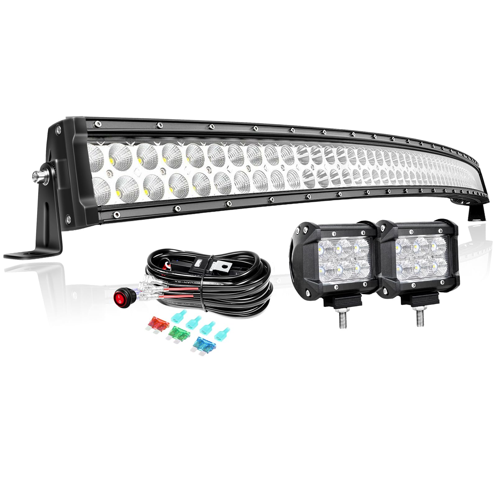 PICAA Gebogen 50 Zoll 288W LED Lightbar+2x 4 18W Arbeitsscheinwerfer+Kabelbaum Kit, Doppelt Reihen Led Lichtbalken 12V 24V Auto Offroad 4x4 Zusatzscheinwerfer von PICAA