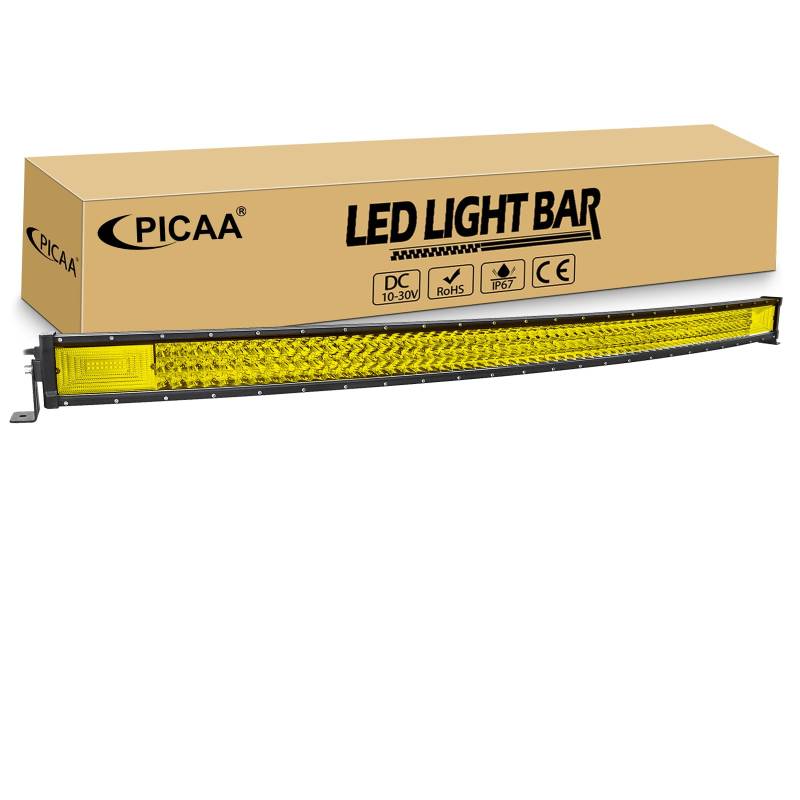 PICAA Gebogen LED Arbeitsscheinwerfer Bar, 50 Zoll 648W Gelb LED Lightbar Offroad, 12V 24V Lichtbalken Auto 4x4 LKW Traktor Zusatzscheinwerfer von PICAA