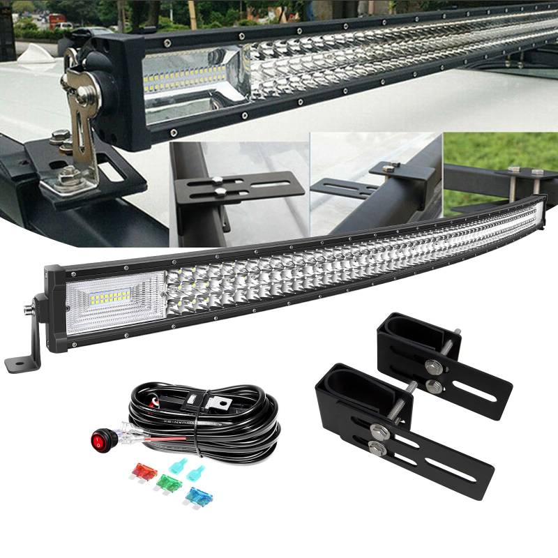 PICAA Gebogen 52 Zoll 675W LED Arbeitsscheinwerfer Bar+Gepäck Halterung+Kabelbaum Kit, Tri-Reihen LED Lightbar Lichtbalken 12V 24V Auto Offroad 4x4 Zusatzscheinwerfer von PICAA