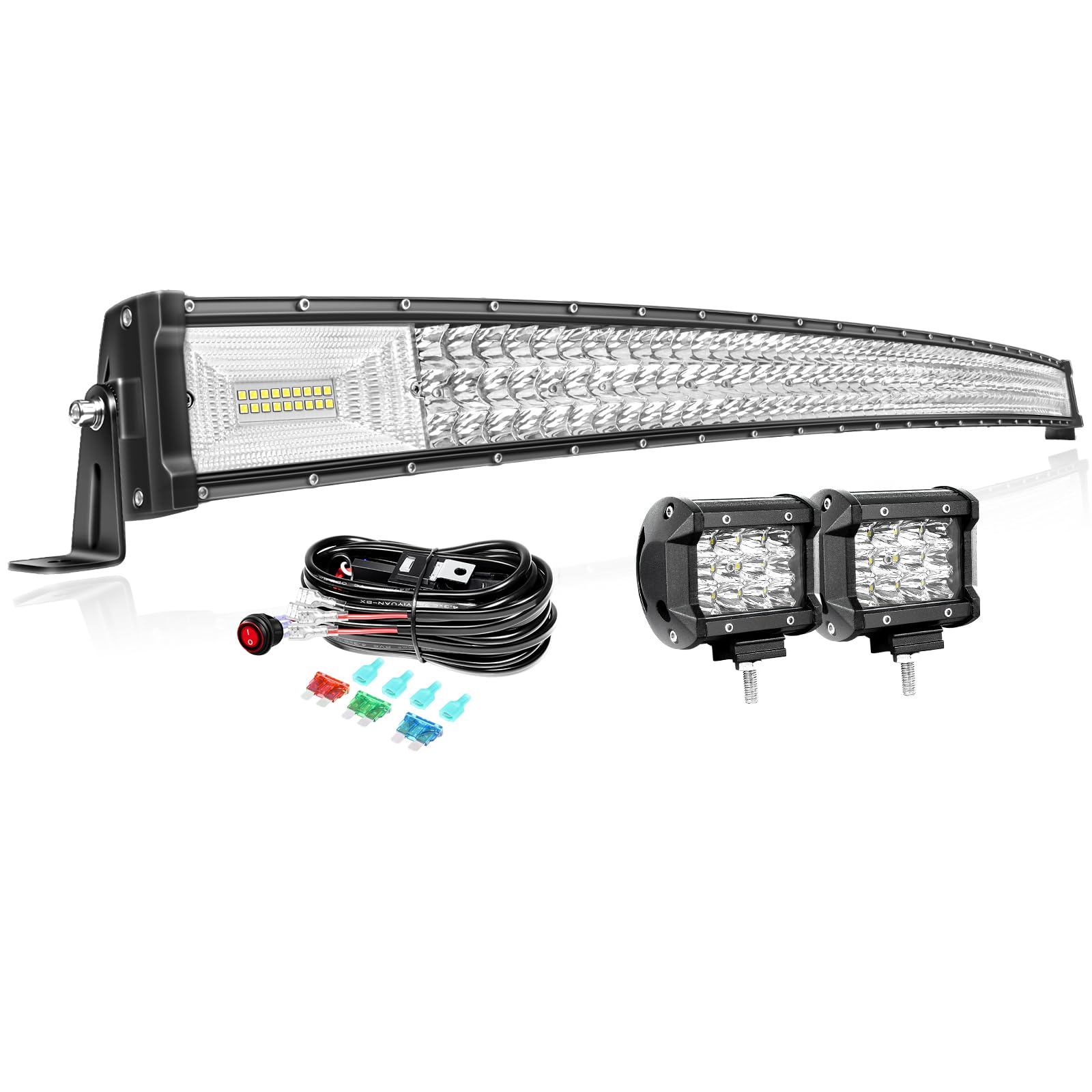 PICAA Gebogen 52 Zoll 675W LED Lightbar+2x 4 36W Arbeitsscheinwerfer+Kabelbaum Kit, Tri-Reihen Led Lichtbalken 12V 24V Auto Offroad 4x4 Zusatzscheinwerfer von PICAA