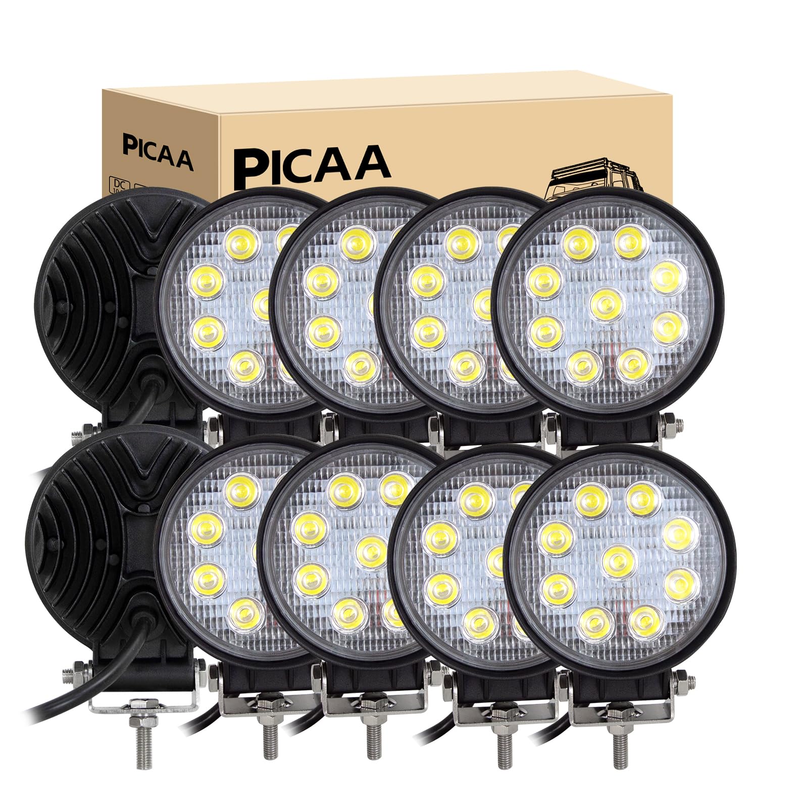 PICAA LED Arbeitsscheinwerfer 10X 4.1 Zoll 27W Runden Arbeitsscheinwerfer Traktor 12V 24V Flutlicht Wasserdicht Arbeitslicht led zusatzscheinwerfer für Bagger Traktoren Schlepper ATV Lkw Offroad 4X4 von PICAA