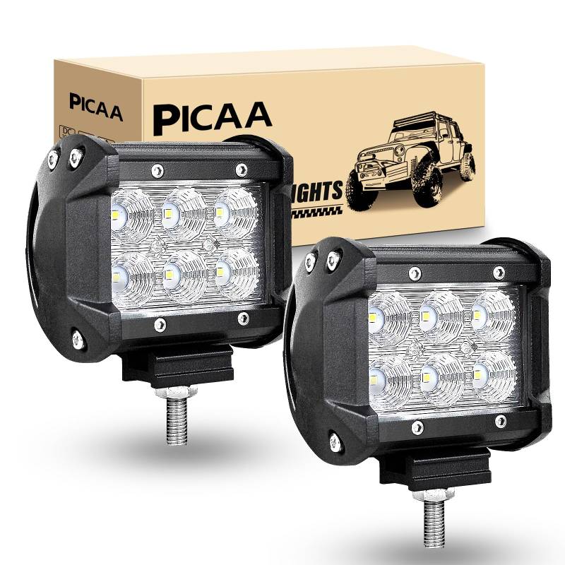 PICAA LED Arbeitsscheinwerfer 2X 4 Zoll 18W Arbeitsscheinwerfer Traktor 12V 24V Flutlicht Wasserdicht Arbeitslicht led zusatzscheinwerfer für Bagger Traktoren Schlepper Gabelstapler ATV Lkw, offroad von PICAA