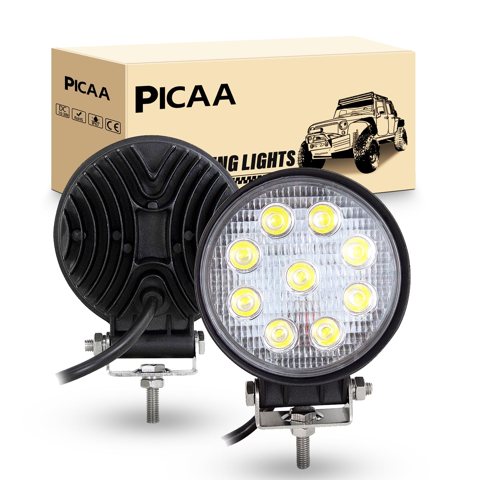 PICAA LED Arbeitsscheinwerfer 2X 4.1 Zoll 27W Runden Arbeitsscheinwerfer Traktor 12V 24V Flutlicht Wasserdicht Arbeitslicht led zusatzscheinwerfer für Bagger Traktoren Schlepper ATV Lkw Offroad 4X4 von PICAA