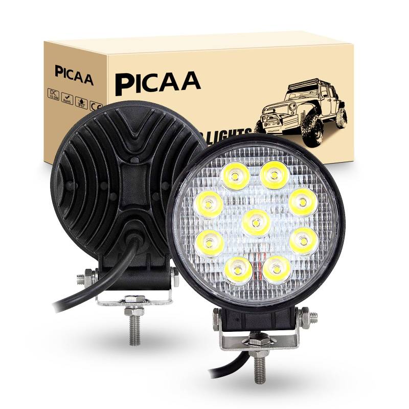 PICAA LED Arbeitsscheinwerfer 2X 4.1 Zoll 27W Runden Arbeitsscheinwerfer Traktor 12V 24V Spotlight Wasserdicht Arbeitslicht led zusatzscheinwerfer für Bagger Traktoren Schlepper ATV Lkw Offroad 4X4 von PICAA