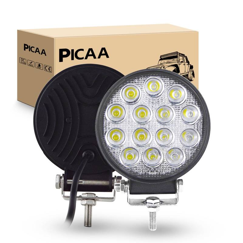 PICAA LED Arbeitsscheinwerfer 2X 4.1 Zoll 42W Runden Arbeitsscheinwerfer Traktor 12V 24V Flutlicht Wasserdicht Arbeitslicht led zusatzscheinwerfer für Bagger Traktoren Schlepper ATV Lkw Offroad 4X4 von PICAA