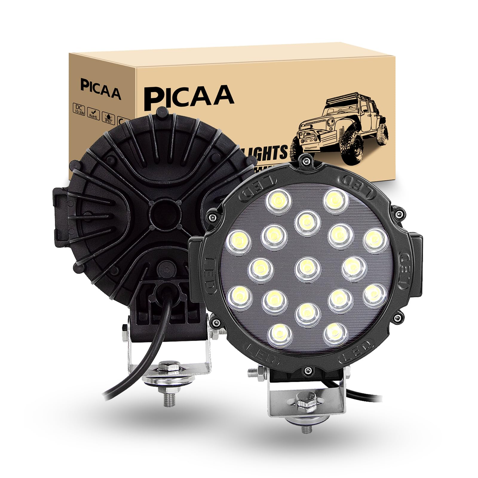 PICAA LED Arbeitsscheinwerfer 2X 7 Zoll 51W Schwarz Flutlicht Scheinwerfer LED Scheinwerfer Nebelscheinwerfer LED Scheinwerfer Offroad Bar 12V 24V für Offroad Motorrad 4WD SUV ATV UTV Truck von PICAA