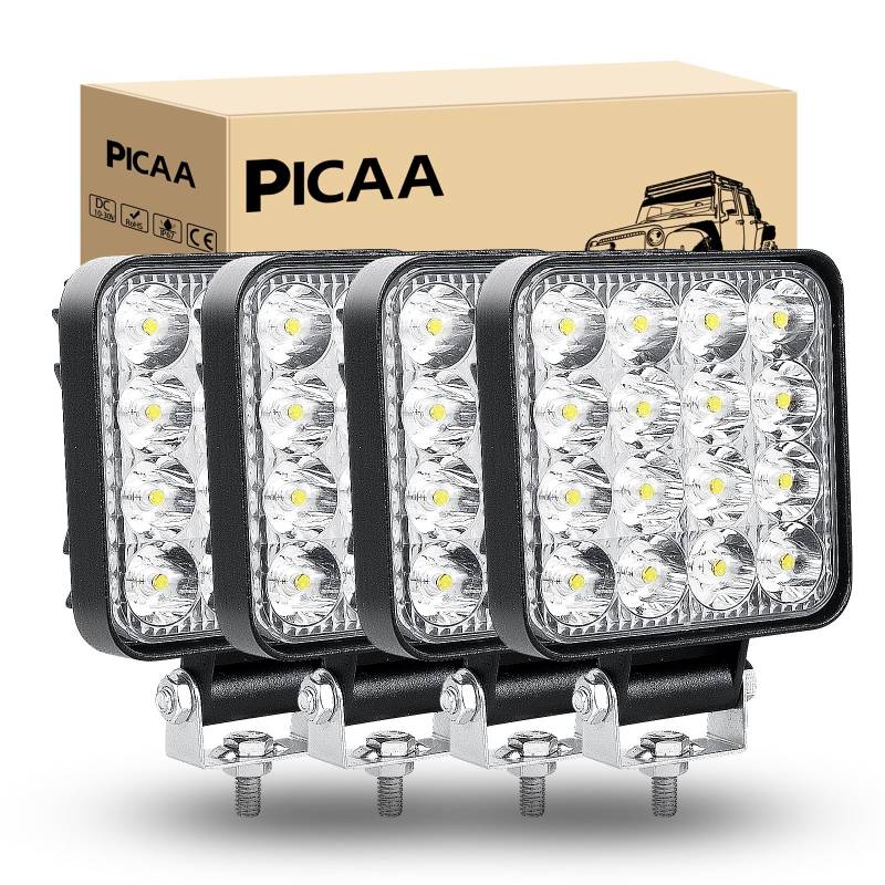 PICAA LED Arbeitsscheinwerfer 4X 3.3 Zoll 48W Arbeitsscheinwerfer Traktor 12V 24V Spotlight Wasserdicht Arbeitslicht led zusatzscheinwerfer für Bagger Traktoren Schlepper ATV Lkw Offroad 4X4 von PICAA