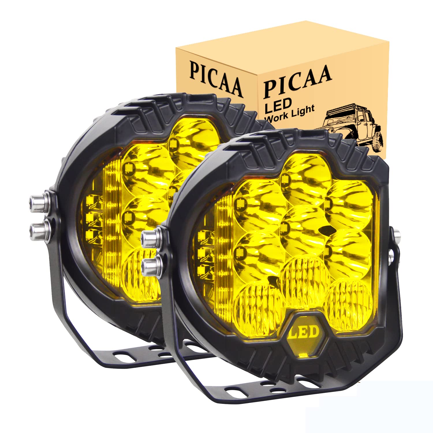 PICAA LED Arbeitsscheinwerfer 5 Zoll 50W Bernstein 3000k Scheinwerfer LED Scheinwerfer Nebelscheinwerfer LED Scheinwerfer Offroad Bar 12V 24V für Offroad Motorrad 4WD SUV ATV UTV Truck（2 Stück） von PICAA