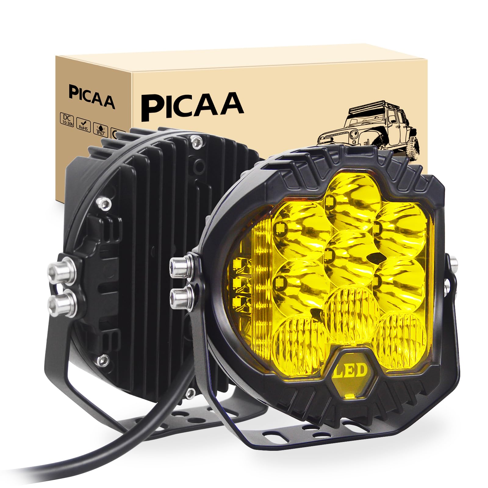 PICAA LED Arbeitsscheinwerfer 7 Zoll 75W Bernstein 3000k Scheinwerfer LED Scheinwerfer Nebelscheinwerfer LED Scheinwerfer Offroad Bar 12V 24V für Offroad Motorrad 4WD SUV ATV UTV Truck（2 Stück） von PICAA