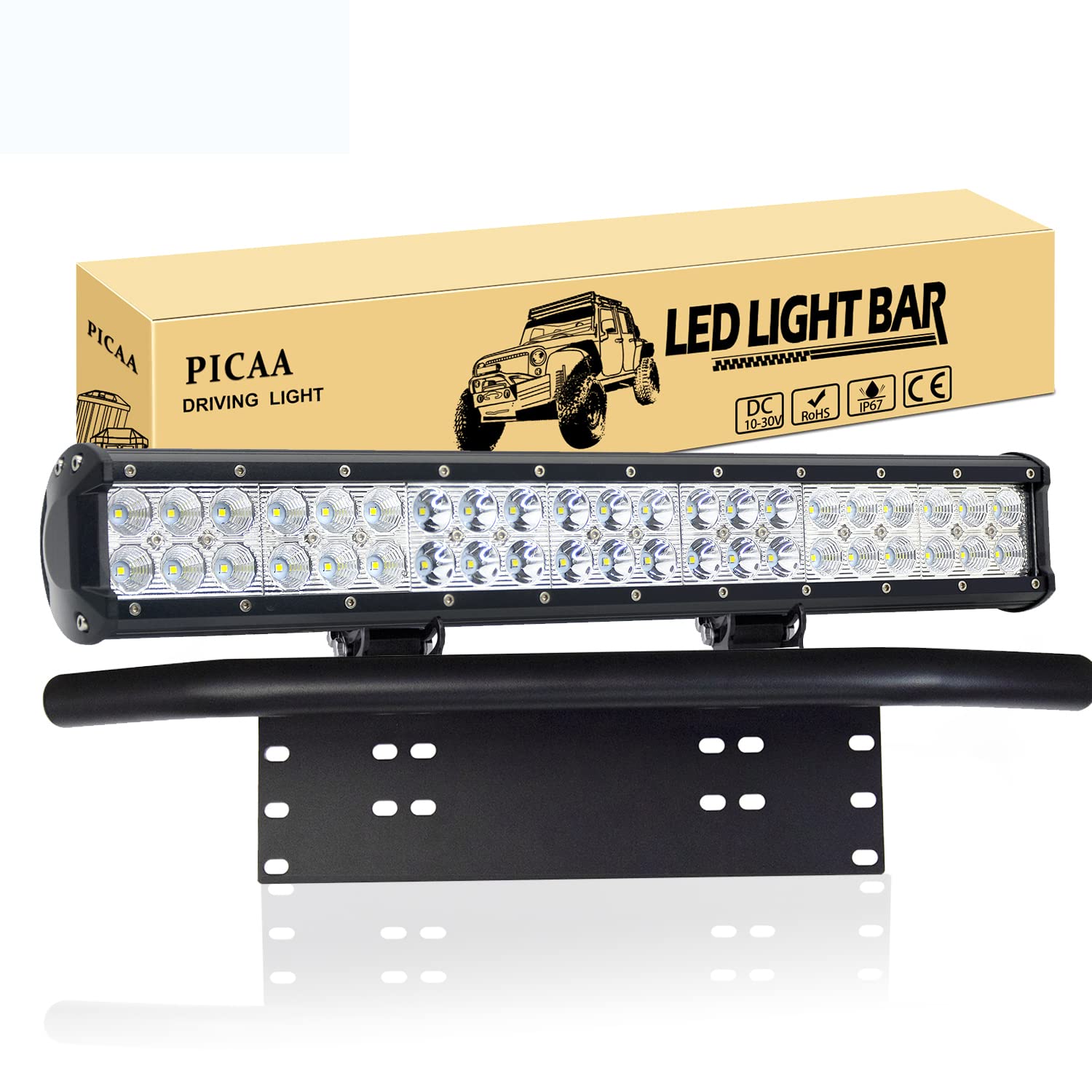 PICAA LED Lichtleiste Led Arbeitsscheinwerfer 20 Zoll 126W Led Lichtbalken 12V Led Zusatzscheinwerfer Bar LED Arbeit Licht Bar Mit Kennzeichenhalter für SUV Offroad ATV UTV Traktor 4x4 Auto von PICAA