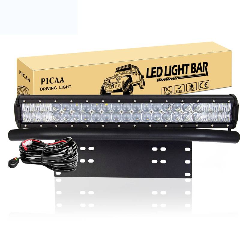 PICAA LED Lichtleiste Led Arbeitsscheinwerfer 5D 20 Zoll 210W Led Lichtbalken 12V Led Zusatzscheinwerfer Bar LED Arbeit Licht Bar Mit Kennzeichenhalter Mit Kabelbaum für SUV Offroad ATV UTV 4x4 Auto von PICAA