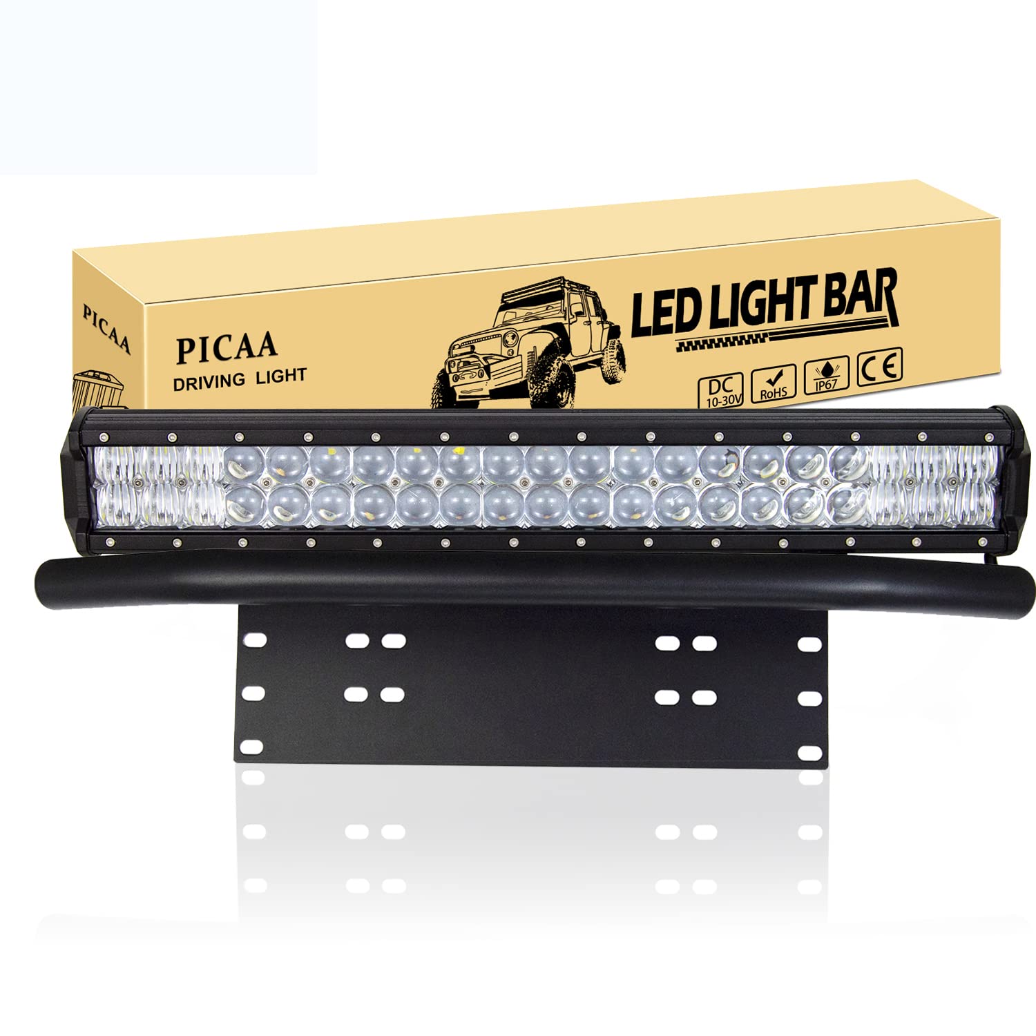 PICAA LED Lichtleiste Led Arbeitsscheinwerfer 5D 20 Zoll 210W Led Lichtbalken 12V Led Zusatzscheinwerfer Bar LED Arbeit Licht Bar Mit Kennzeichenhalter für SUV Offroad ATV UTV Traktor 4x4 Auto von PICAA