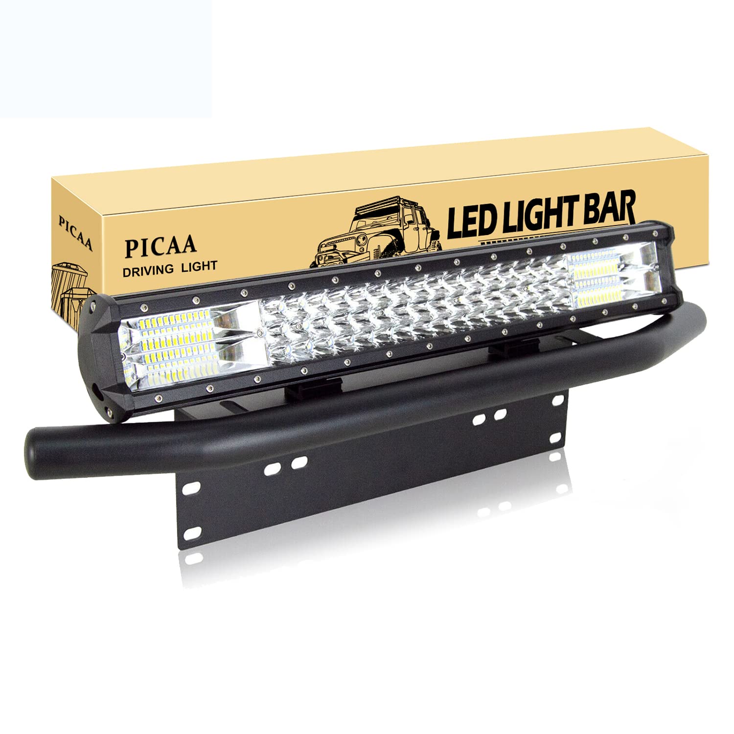 PICAA LED Lichtleiste Led Arbeitsscheinwerfer 7D 20 Zoll 288W Led Lichtbalken 12V Led Zusatzscheinwerfer Bar LED Arbeit Licht Bar Mit Kennzeichenhalter für SUV Offroad ATV UTV Traktor 4x4 Auto von PICAA