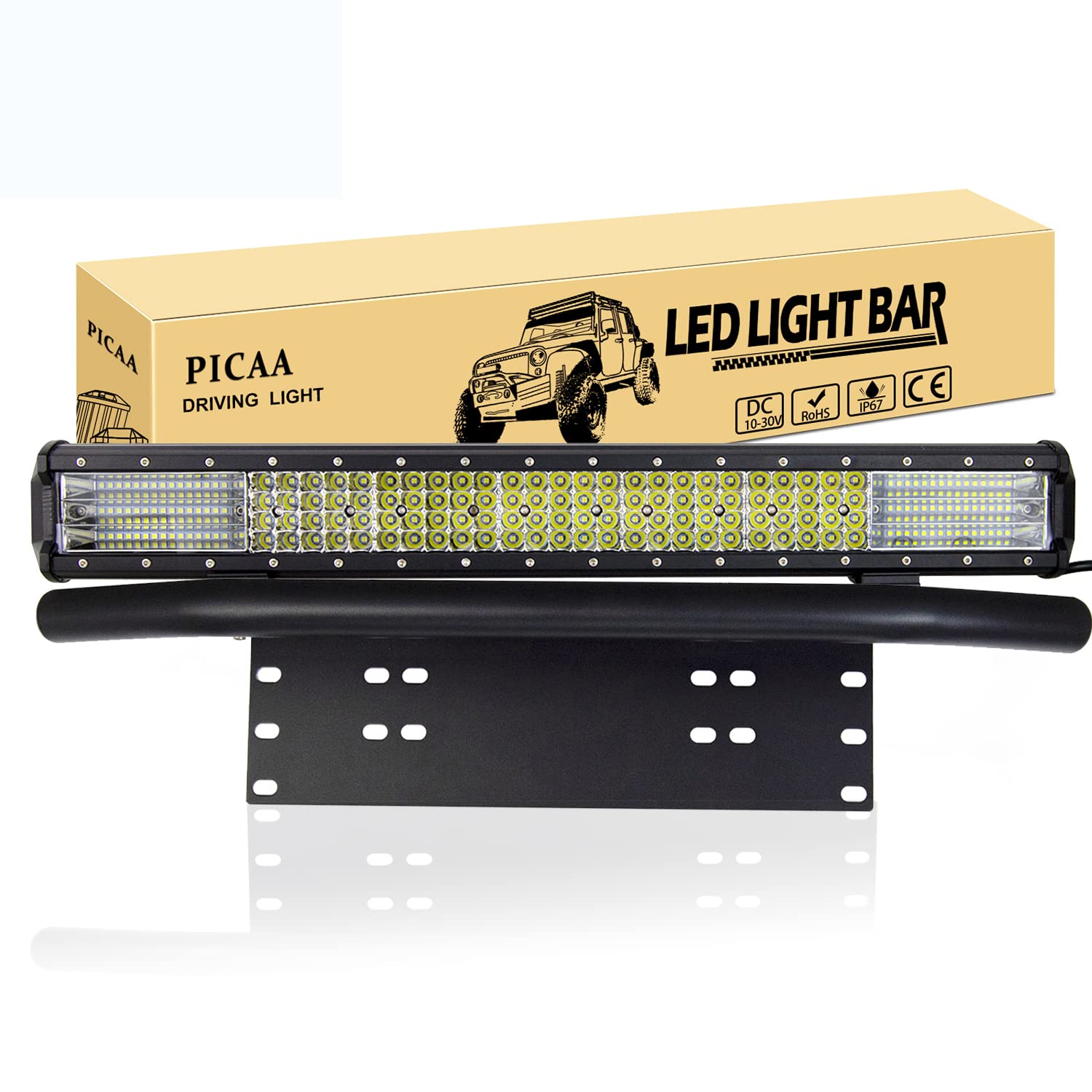 PICAA LED Lichtleiste Led Arbeitsscheinwerfer 9D 23 Zoll 570W Led Lichtbalken 12V Led Zusatzscheinwerfer Bar LED Arbeit Licht Bar Mit Kennzeichenhalter für SUV Offroad ATV UTV Traktor 4x4 Auto von PICAA