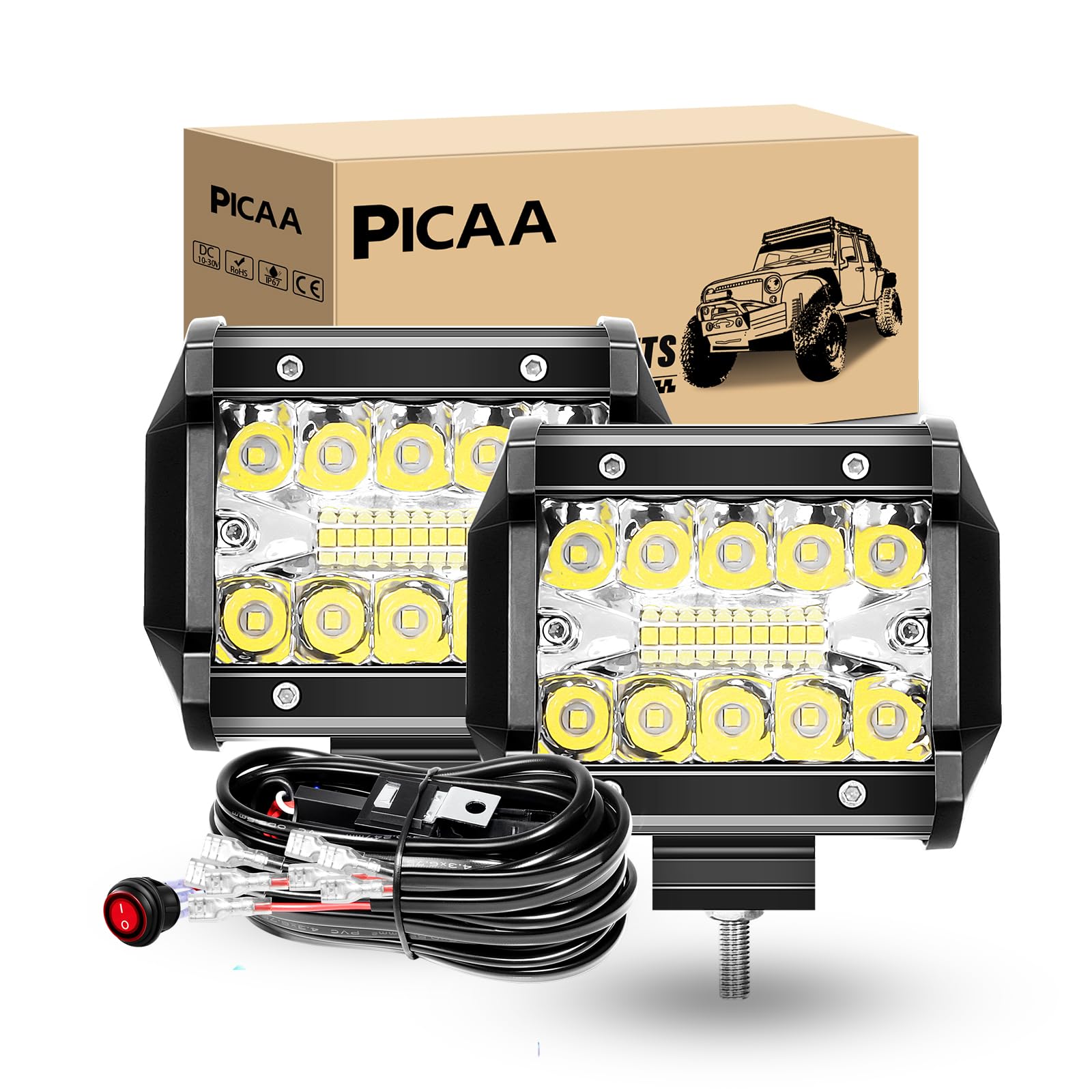 PICAA Led Arbeitsscheinwerfer, 2X4 Zoll 10CM 60W Led arbeitslicht, offroad Led Lichtbalken mit 12V Kabel,6000K Led Zusatzscheinwerfer,8DLED Arbeit Licht für SUV Offroad ATV UTV Traktor 4x4 von PICAA