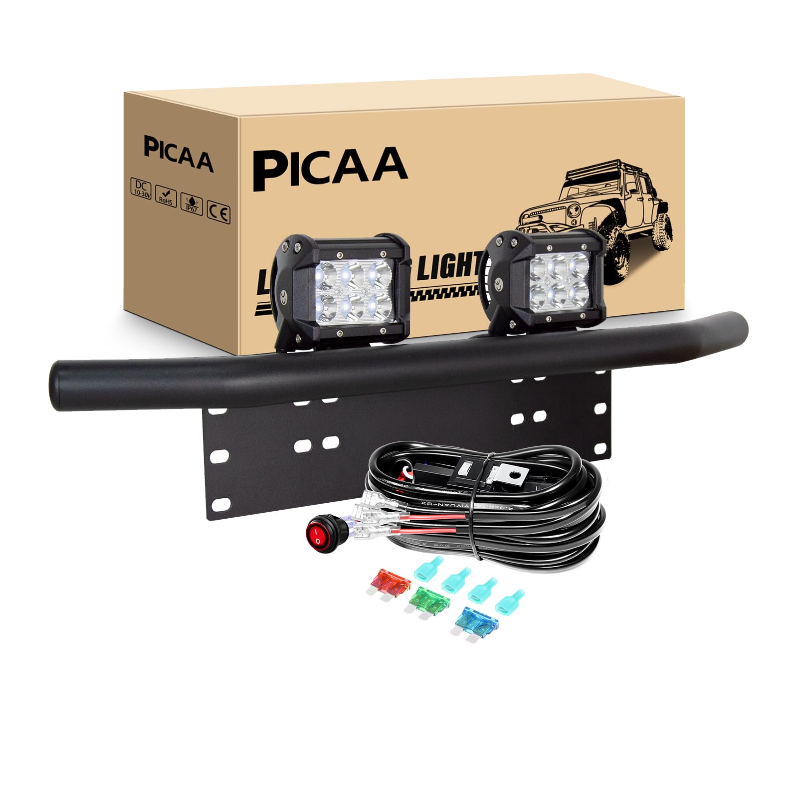 PICAA Led Arbeitsscheinwerfer, 2X4 Zoll 18W Spot Led arbeitslicht, offroad Led Lichtbalken mit Kennzeichenhalter,6000K Led Zusatzscheinwerfer,8DLED Arbeit Licht für SUV Offroad ATV UTV Traktor 4x4 von PICAA