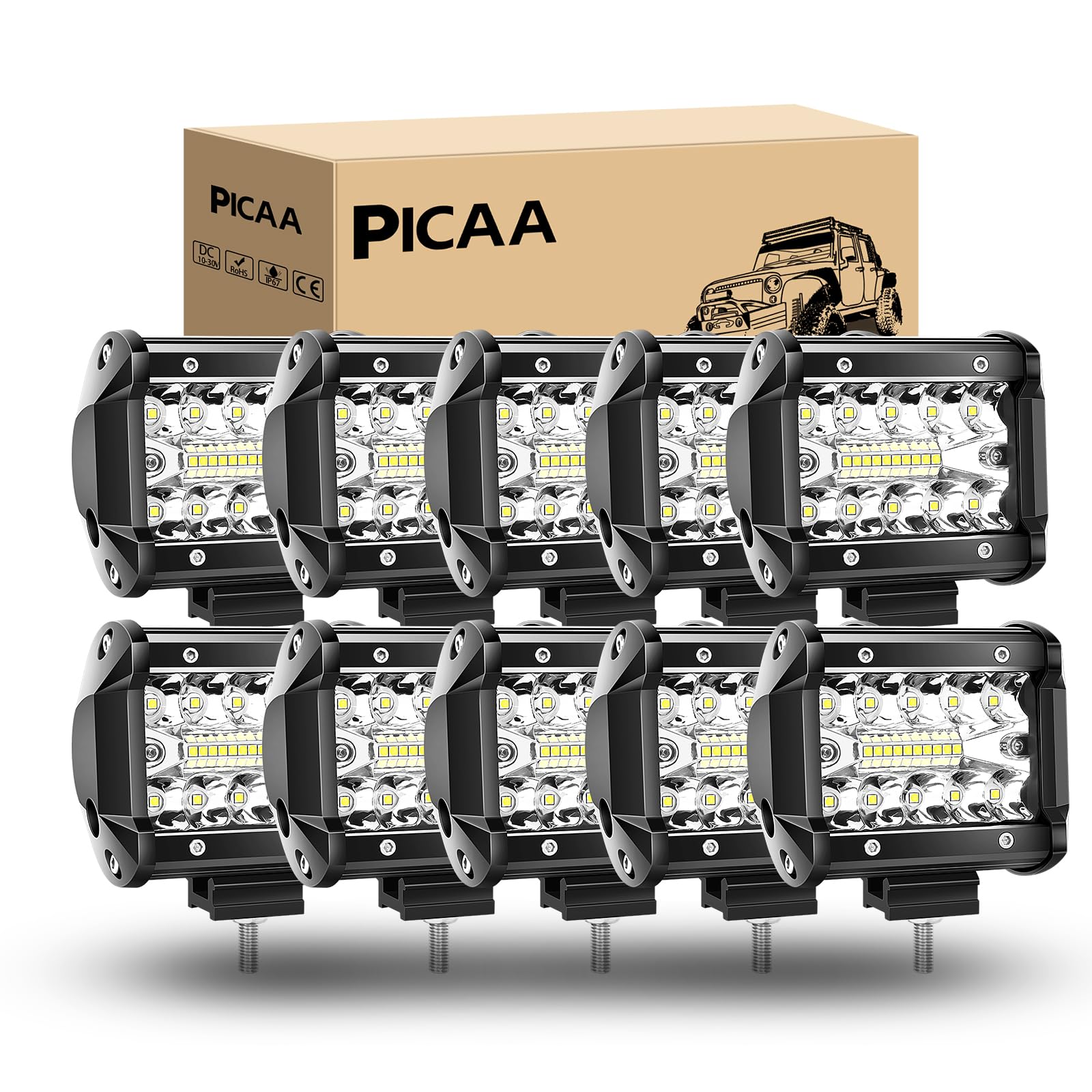 PICAA Led Arbeitsscheinwerfer 12V 24V, 10X4 Zoll 8D 10CM 60W Led arbeitslicht, offroad Led Lichtbalken,6000K Led Zusatzscheinwerfer,Drei Reihen LED Arbeit Licht für SUV Offroad ATV UTV Traktor 4x4 von PICAA