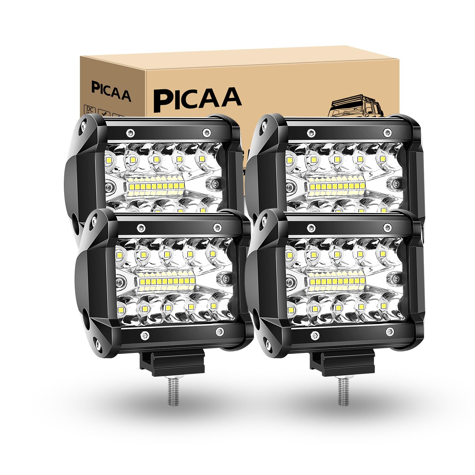 PICAA Led Arbeitsscheinwerfer 12V 24V, 4X4 Zoll 8D 10CM 60W Led arbeitslicht, offroad Led Lichtbalken,6000K Led Zusatzscheinwerfer,Drei Reihen LED Arbeit Licht für SUV Offroad ATV UTV Traktor 4x4 von PICAA