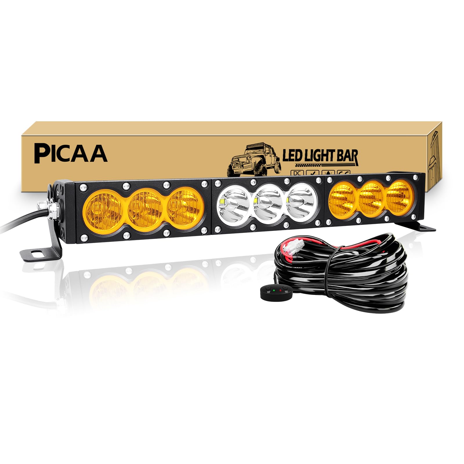 PICAA Led Arbeitsscheinwerfer 17 Zoll 43CM 135W einzelne Reihe Led Lichtbalken 12V Slim Led Zusatzscheinwerfer Bar Zweifarbig Bernstein & Weiß für SUV Offroad ATV UTV Traktor 4x4 Auto Mit Kabelbaum von PICAA