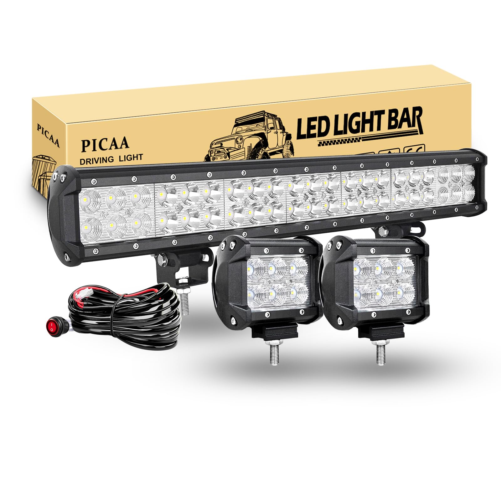 PICAA Led Arbeitsscheinwerfer 20 Zoll 126W Led Lichtbalken Led Zusatzscheinwerfer Bar Spot Flutlicht Kombination für SUV Offroad ATV UTV Traktor 4x4 Auto Mit 2PCS 4 Zoll LED Arbeitslicht von PICAA