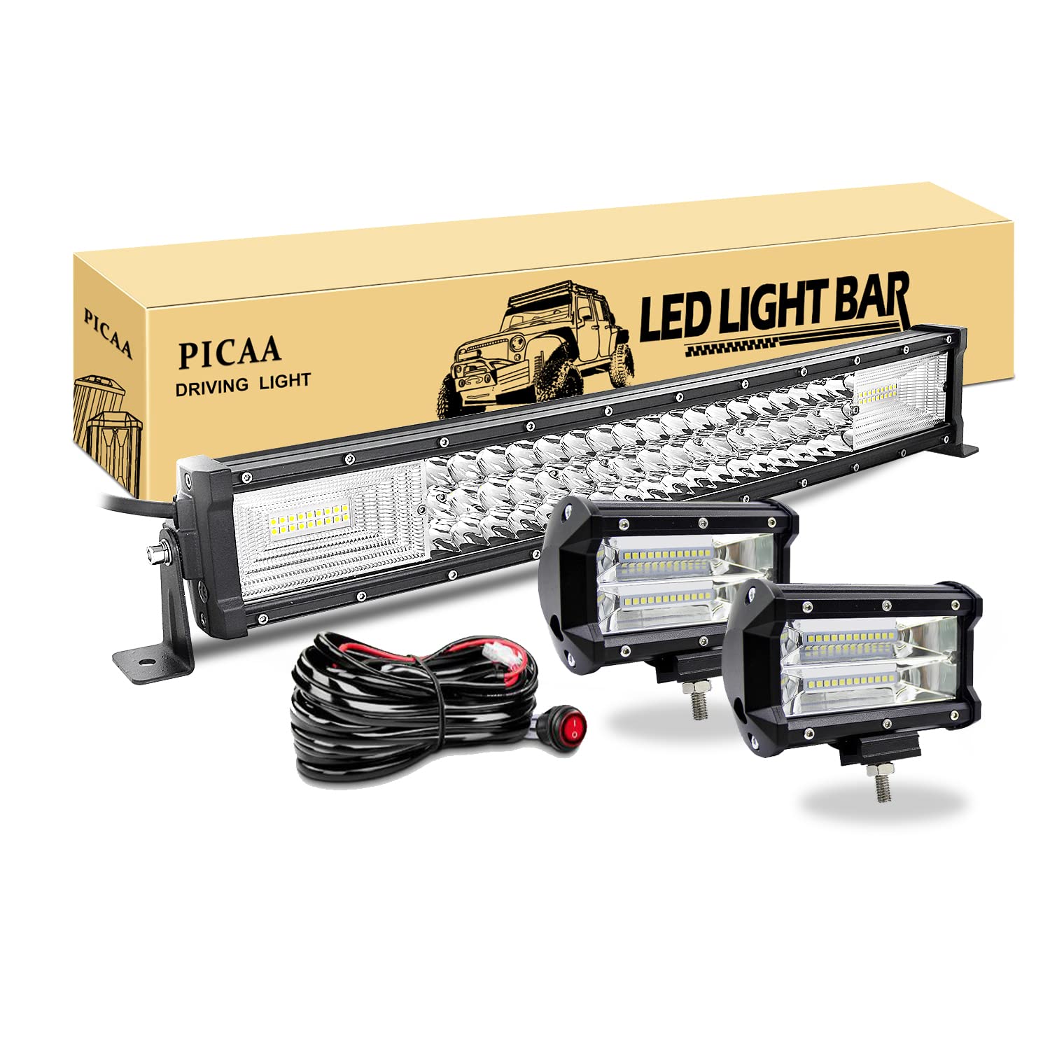 PICAA Led Arbeitsscheinwerfer 22 Zoll 53CM 270W 7D Led Lichtbalken Drei Reihen 12V Gewolbt Led Zusatzscheinwerfer Bar Mit 2PCS 5 Zoll 72W LED Arbeitslicht für SUV Offroad ATV UTV Traktor 4x4 Auto von PICAA