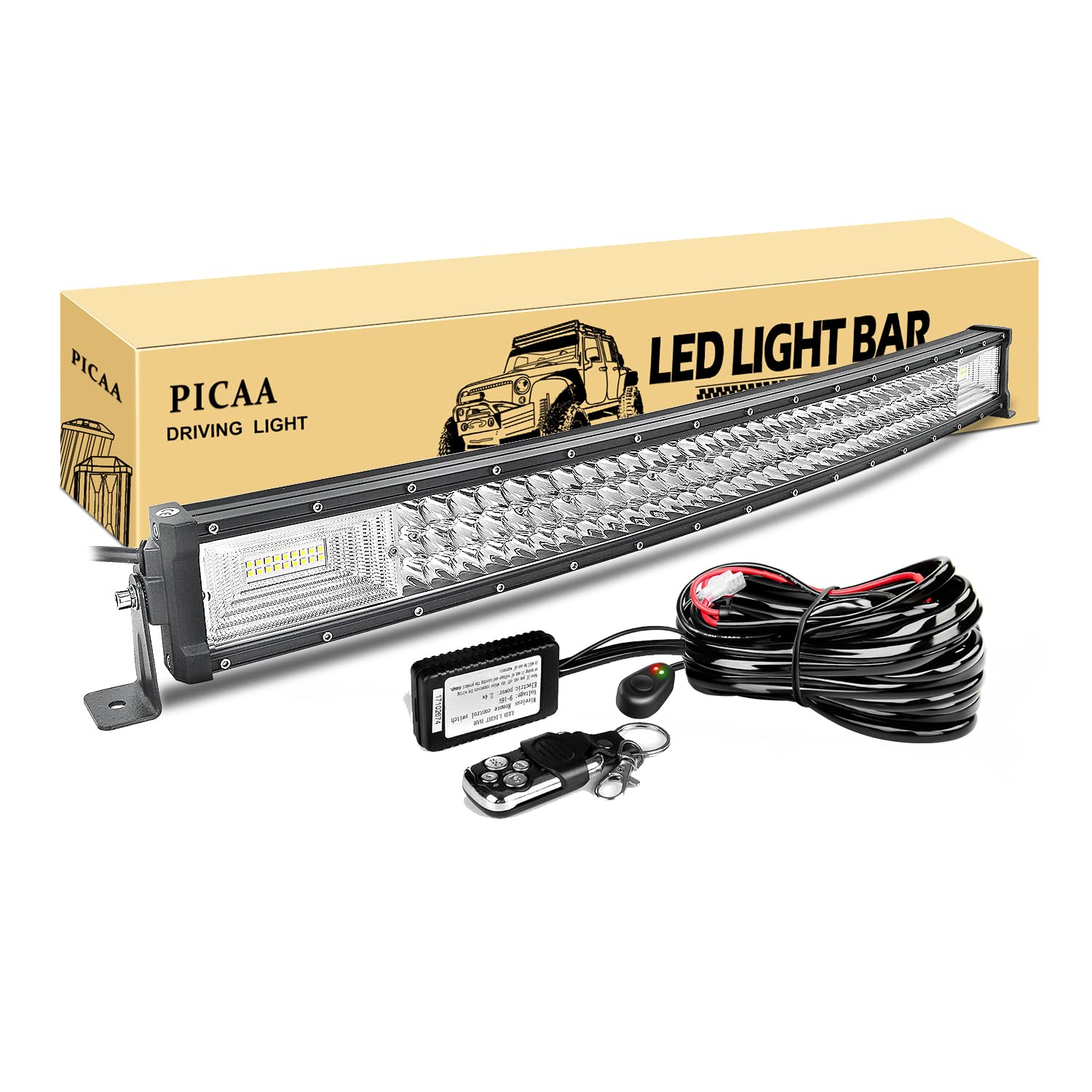 PICAA Led Arbeitsscheinwerfer 32 Zoll 405W Gewolbt Led Lichtbalken 12V Mit FernbedienungKabelbaum Drei Reihen Led Zusatzscheinwerfer Bar LED Arbeit Licht Bar für SUV Offroad ATV UTV Traktor 4x4 Auto von PICAA