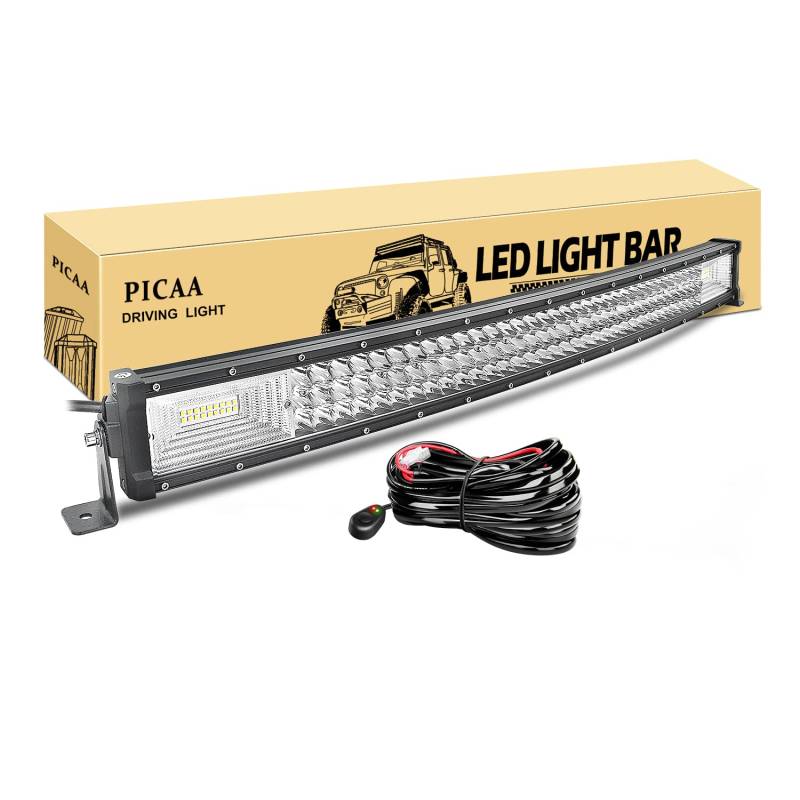 PICAA Led Arbeitsscheinwerfer 32 Zoll 405W Gewolbt Led Lichtbalken 12V Mit Kabelbaum Gewolbt Drei Reihen Led Zusatzscheinwerfer Bar LED Arbeit Licht Bar für SUV Offroad ATV UTV Traktor 4x4 Auto von PICAA