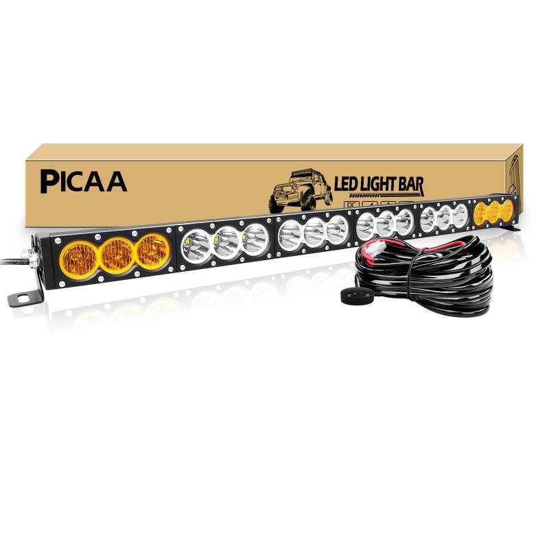 PICAA Led Arbeitsscheinwerfer 33 Zoll 83CM 270W einzelne Reihe Led Lichtbalken 12V Slim Led Zusatzscheinwerfer Bar Zweifarbig Bernstein & Weiß für SUV Offroad ATV UTV Traktor 4x4 Auto Mit Kabelbaum von PICAA