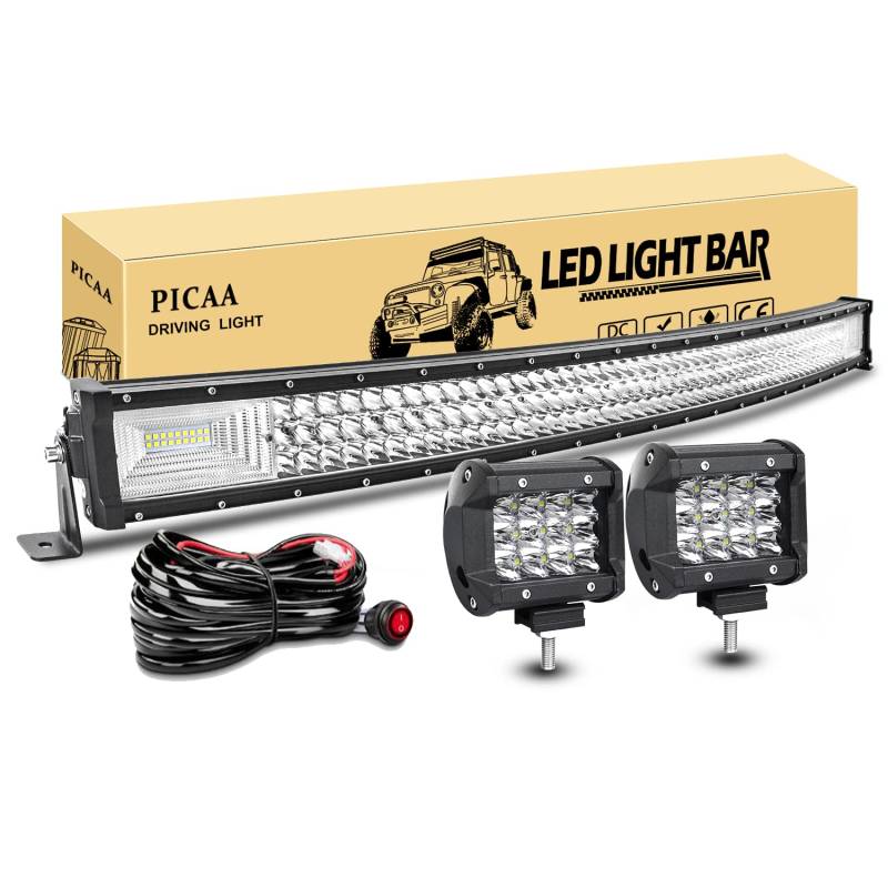 PICAA Led Arbeitsscheinwerfer 42 Zoll 104CM 540W 7D Led Lichtbalken Drei Reihen 12V Gewolbt Led Zusatzscheinwerfer Bar Mit 2PCS 4 Zoll LED Arbeitslicht für SUV Offroad ATV UTV Traktor 4x4 Auto von PICAA